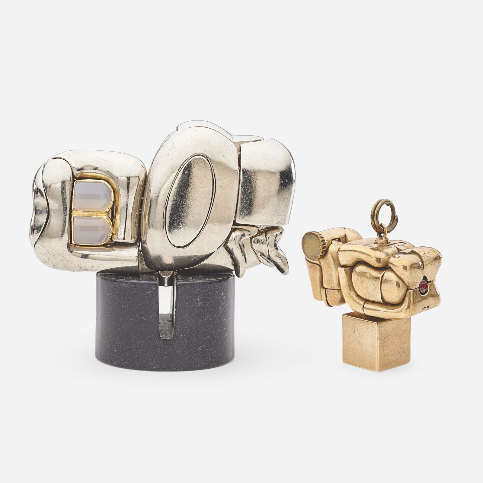 Miguel Berrocal, Mini Zoraida and Micro Maria pendant: Miguel Berrocal Mini Zoraida and Micro Maria pendant Spain, 1968-73nickel-plated zamak, chrome-plated brass, moonstone, beryllium bronze, cubic zirconia The concept of multiples was central to Miguel