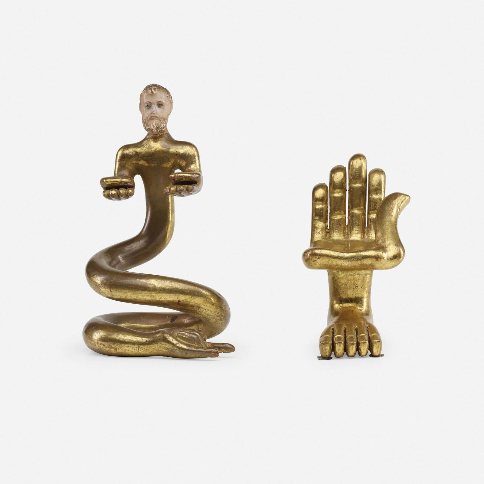 Pedro Friedeberg, Hombre Vibrara and Sillita: Pedro Friedeberg Hombre Vibrara and Sillita (two works) Mexico, c. 1975carved and gilt wood, hand-painted wood7.25 h × 4 w × 4 d in (18 × 10 × 10 cm) Signed to underside o