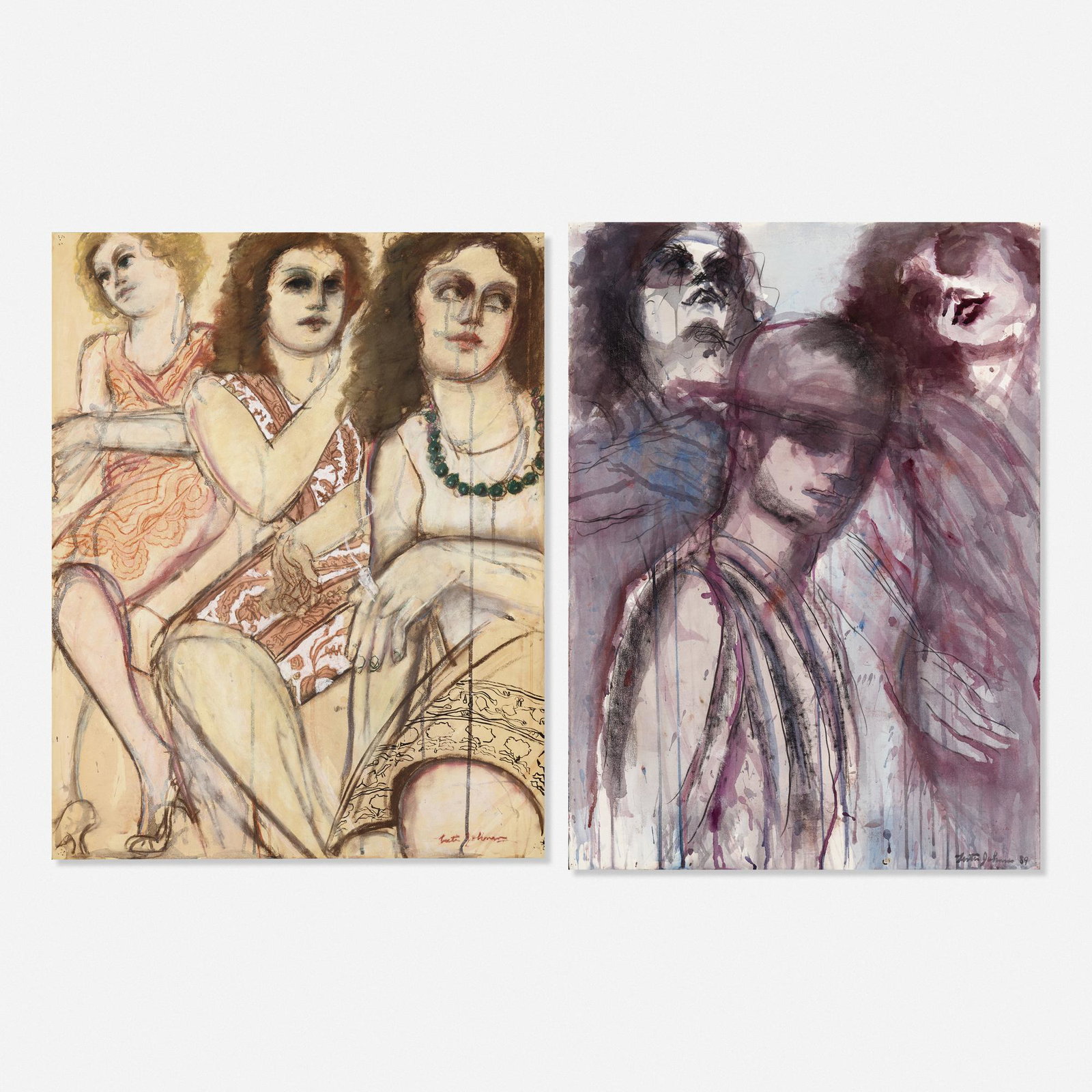Lester Johnson, City Trio #1; Untitled (two works): Lester Johnson City Trio #1; Untitled (two works) 1989 29.5 h × 23 w in (75 × 58 cm) Signed to lower right of one example 'Lester Johnson' and titled to verso 'City Trio #1'. Signed and da