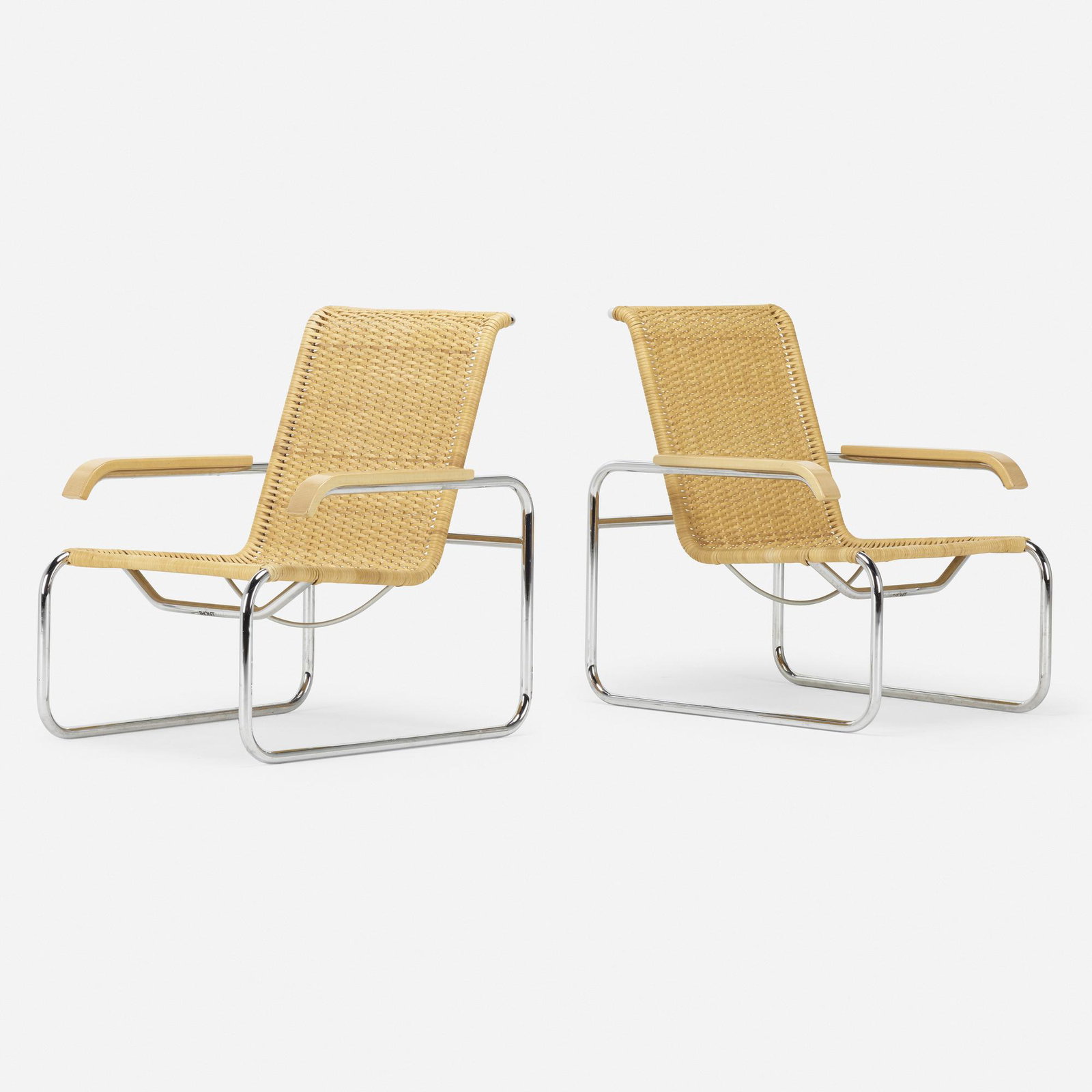 Marcel Breuer, B35 lounge chairs, pair: Marcel Breuer B35 lounge chairs, pair Thonet Hungary / Austria, c. 1928 / c. 1960 chrome-plated steel, rattan, birch 32.5 h × 25.25 w × 31 d in (83 × 64 × 79 cm) Manufa