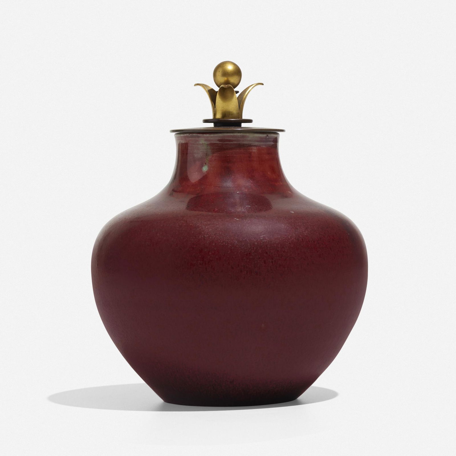 Knud Anderson and Carl Halier, lidded vessel: Knud Anderson and Carl Halier lidded vessel Royal CopenhagenDenmark, c. 1935glazed stoneware, bronze5.5 dia × 6.75 h in (14 × 17 cm) Lid is by Knud Anderson and vessel is by Car