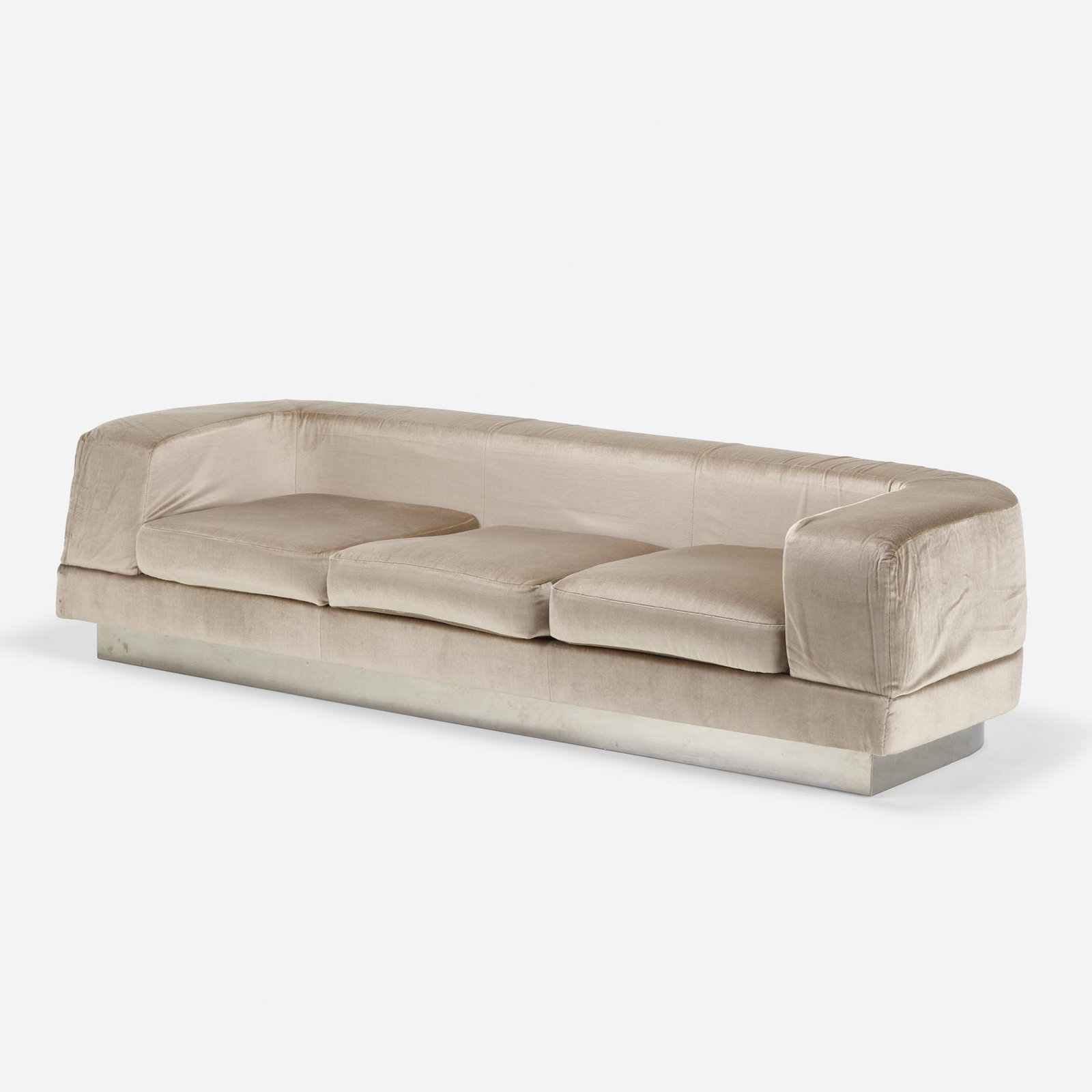 French, sofa: French sofa c. 1975 velvet, chrome-plated metal 23 h × 87 w × 34 d in (58 × 221 × 86 cm) Provenance: Private Collection, New York please