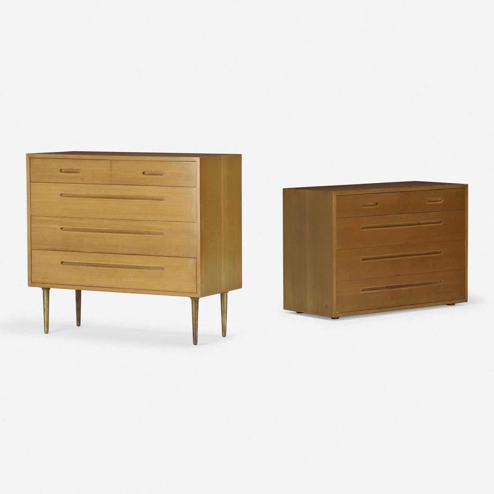 Edward Wormley, chest of drawers, set of two: Edward Wormley chest of drawers, set of two Dunbar USA, c. 1950 mahogany, brass 28.5 h × 41.25 w × 18 d in (72 × 105 × 46 cm) Additional example measures: 38 h x 41.5 w x 18 d inches. Each che