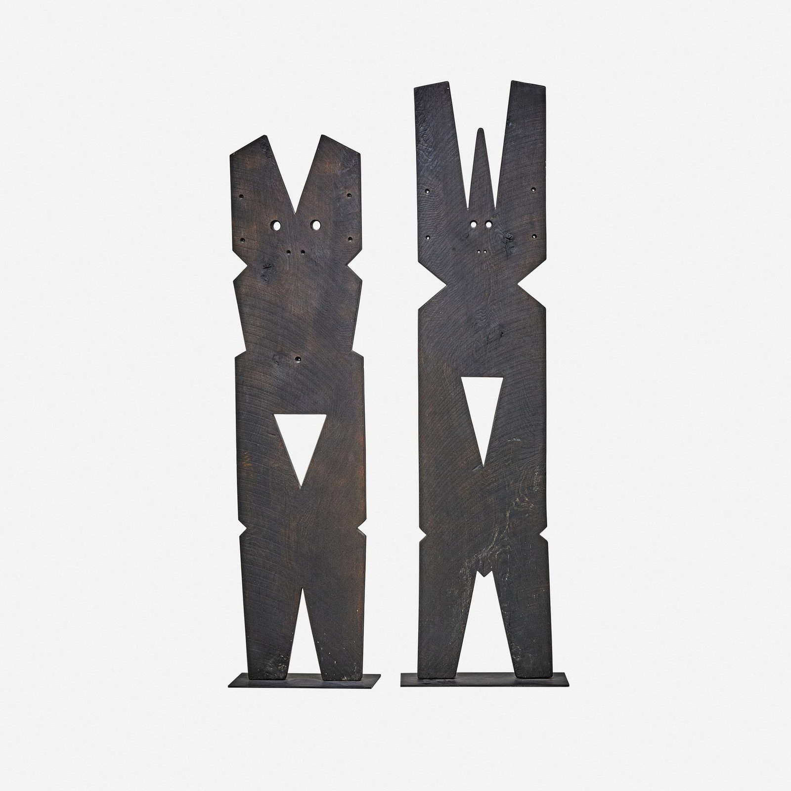 Klaus Ihlenfeld, Untitled (two monumental works): Klaus Ihlenfeld Untitled (two monumental works) USA, c. 1980 stained wood, enameled metal 79 h × 22 w × 10 d in (201 × 56 × 25 cm) Additional sculpture measures: 71.5 h x 22
