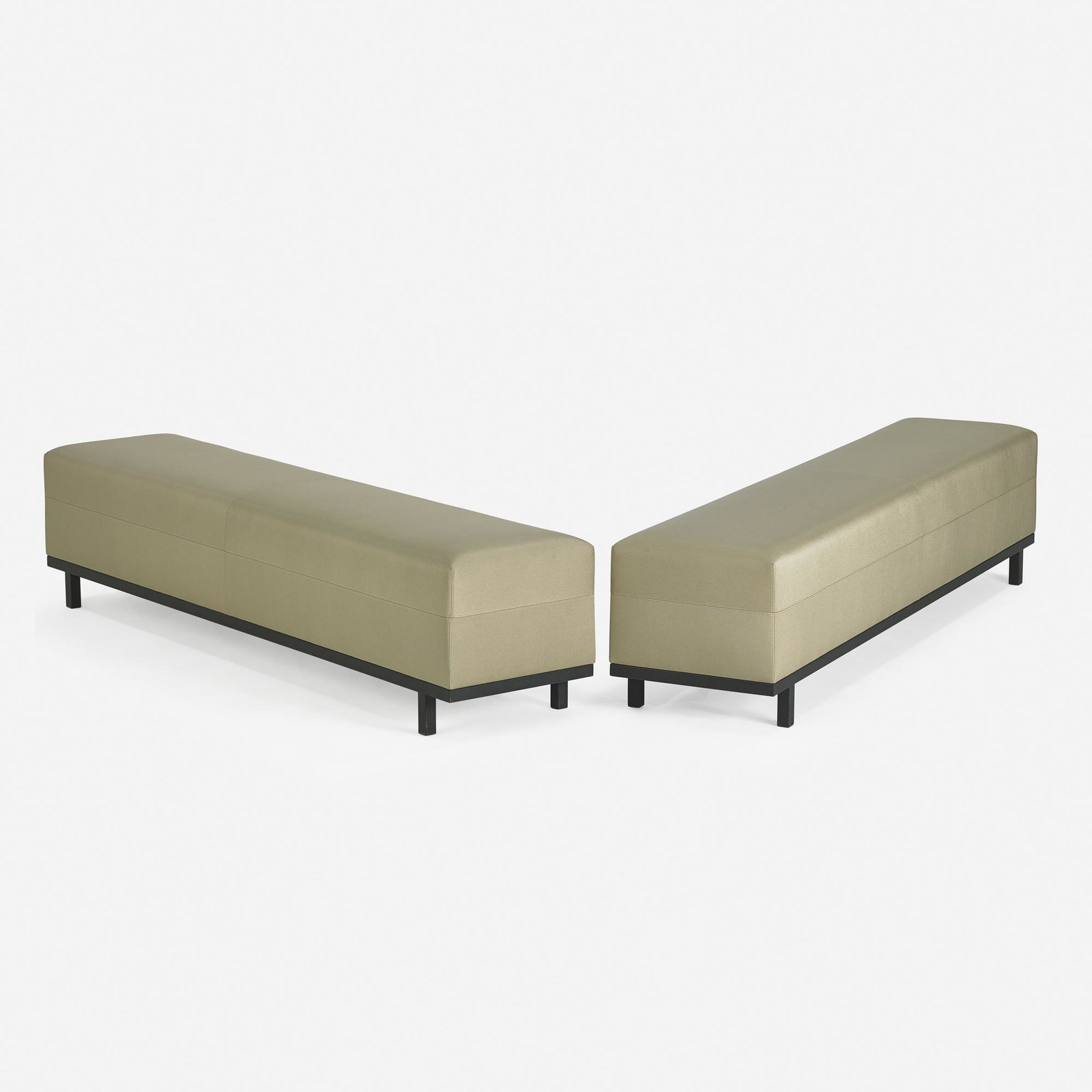 Christian Liaigre, Nankin benches, pair: Christian Liaigre Nankin benches, pair Holly Hunt France / USA, c. 2010 enameled steel, stitched upholstery 17.5 h × 76 w × 17 d in (44 × 193 × 43 cm) plea