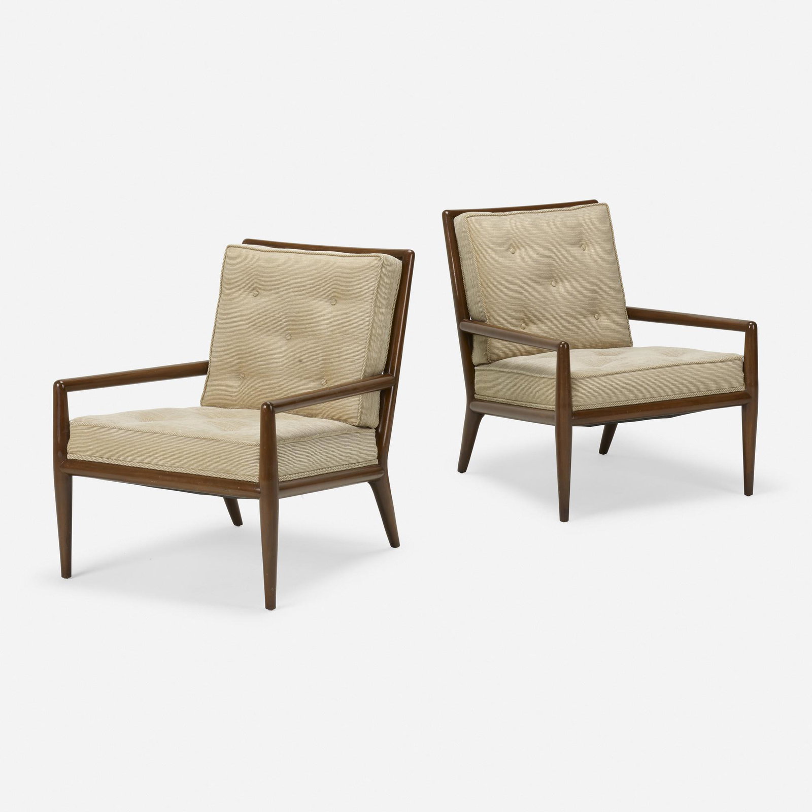 T.H. Robsjohn-Gibbings, lounge chairs model WWZ, pair: T.H. Robsjohn-Gibbings lounge chairs model WWZ, pair Widdicomb United Kingdom / USA, c. 1955 upholstery, walnut 31.5 h × 26.25 w × 32 d in (80 × 67 × 81 cm) Lit