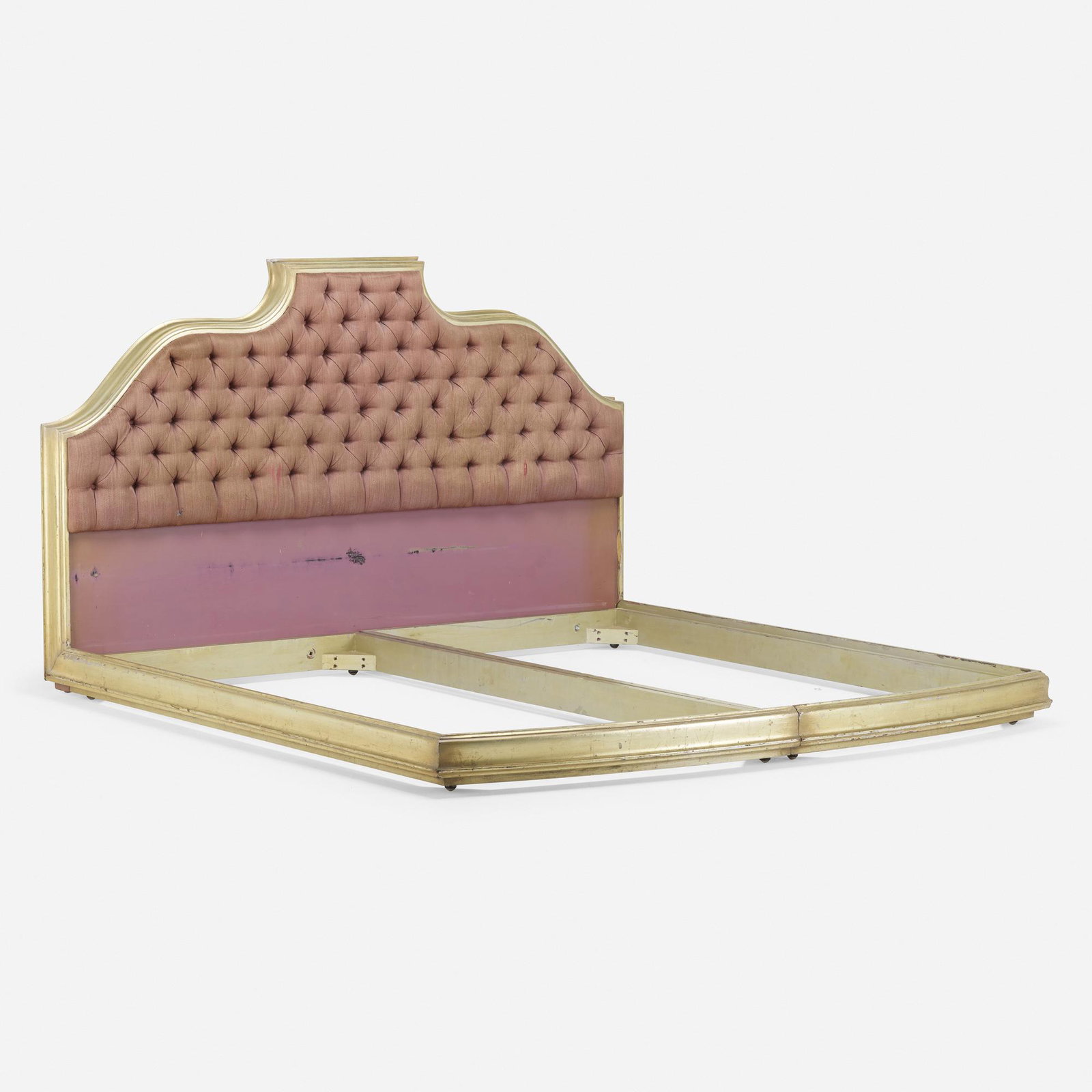 James Mont, king-sized bed: James Mont king-sized bed James Mont Designs USA, c. 1950 silver leaf over wood, silk upholstery 49.75 h × 79 w × 80 d in (126 × 201 × 203 cm) Provenance: