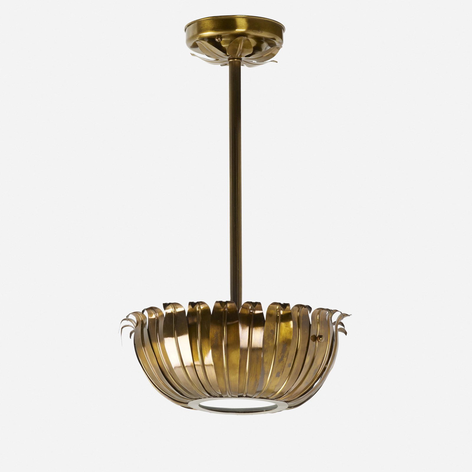 Modern, lotus pendant: Modern lotus pendant c. 1965 patinated metal, frosted glass 19.75 h × 12 dia in (50 × 30 cm) please note: this work is located at, and will ship from, Rago in Lambertville.