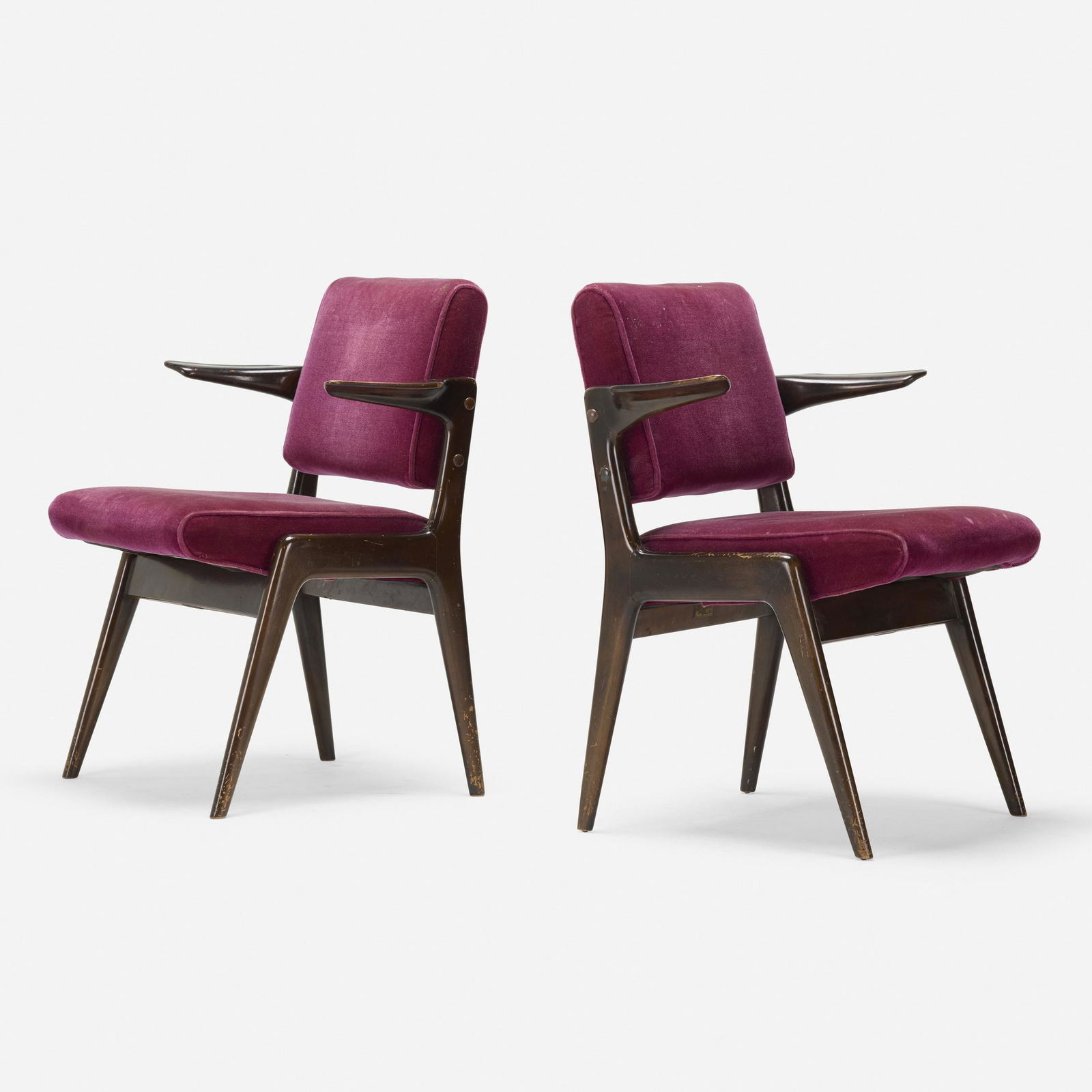 Robin Day, dining chairs, pair: Robin Day dining chairs, pair United Kingdom, c. 1955upholstery, mahogany31.5 h × 23.75 w × 21.25 d in (80 × 60 × 54 cm) Metal retailer's label to underside of one example