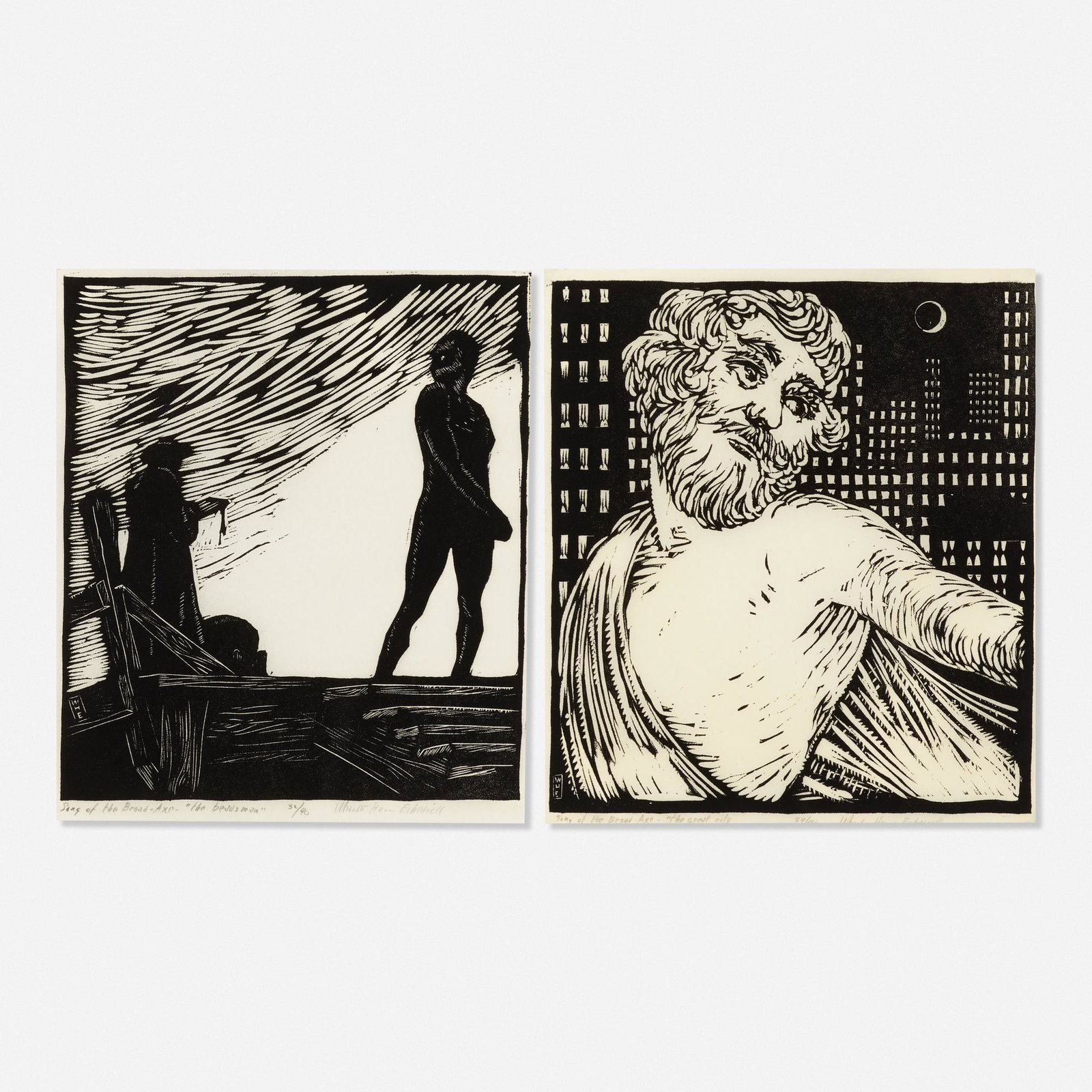 Wharton Esherick, The Great City; The Headsman: Wharton Esherick The Great City; The Headsman (from Walt Whitman's Song of the Broad Axe) c. 1923 woodcut on rice paper 10.25 h × 9.25 w in (26 × 23 cm) Signed, titled and numbered to e