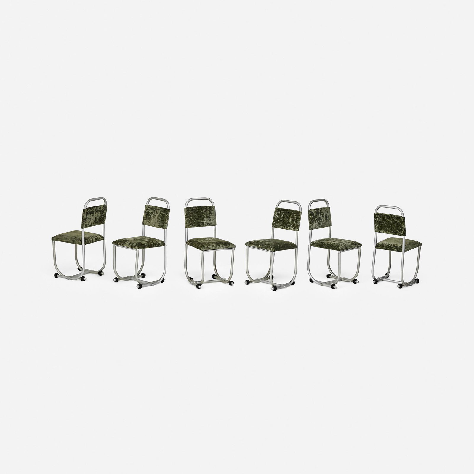 In the manner of Warren McArthur, chairs, set of six: In the manner of Warren McArthur chairs, set of six USA, c. 1970 spun aluminum, rubber, upholstery 35 h × 17.5 w × 19.5 d in (89 × 44 × 50 cm)