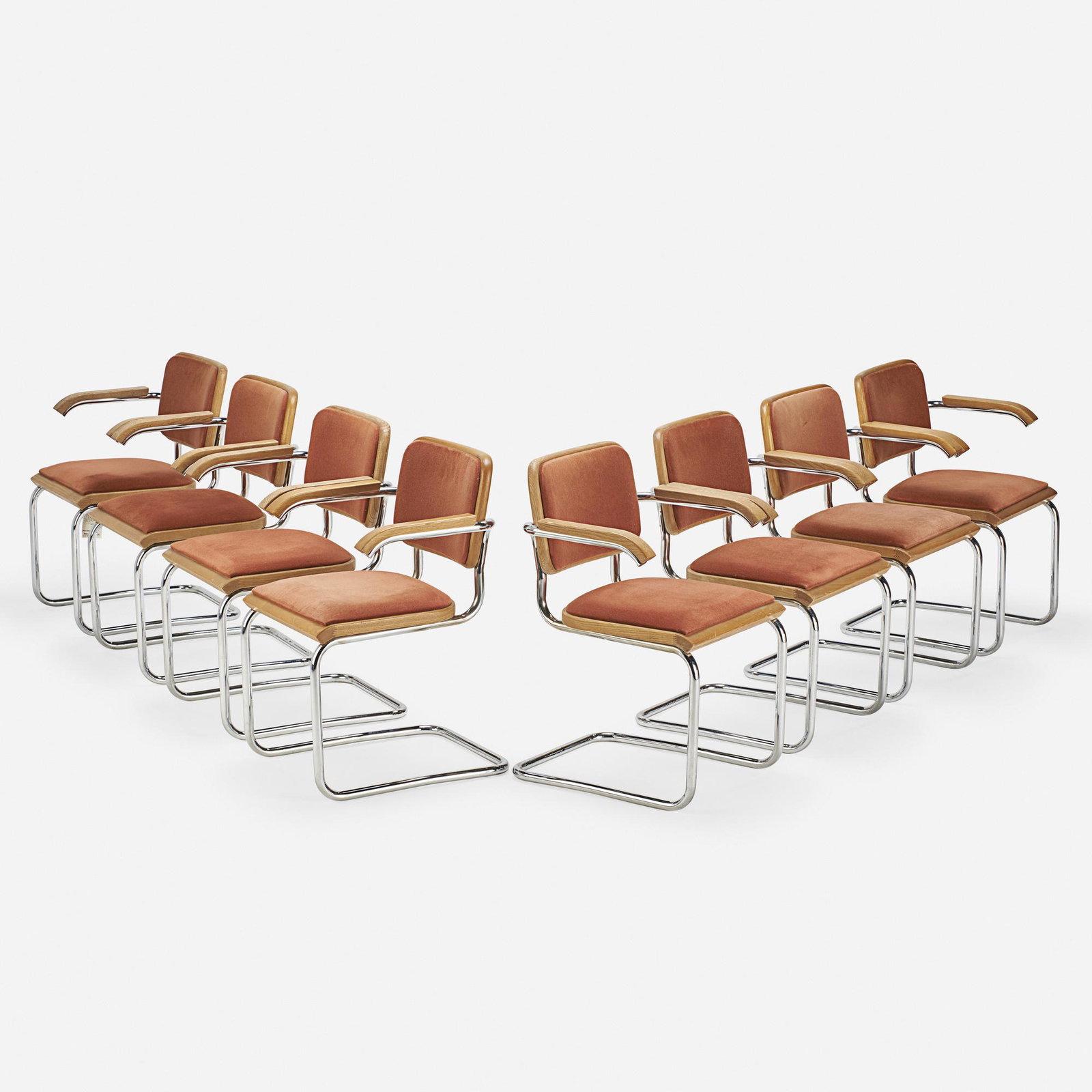 Marcel Breuer, armchairs model B64, set of eight: Marcel Breuer armchairs model B64, set of eight Thonet USA, 1928 / late 20th century chrome-plated steel, oak, upholstery 32.5 h × 23 w × 22 d in (83 × 58 × 56 cm) Manu
