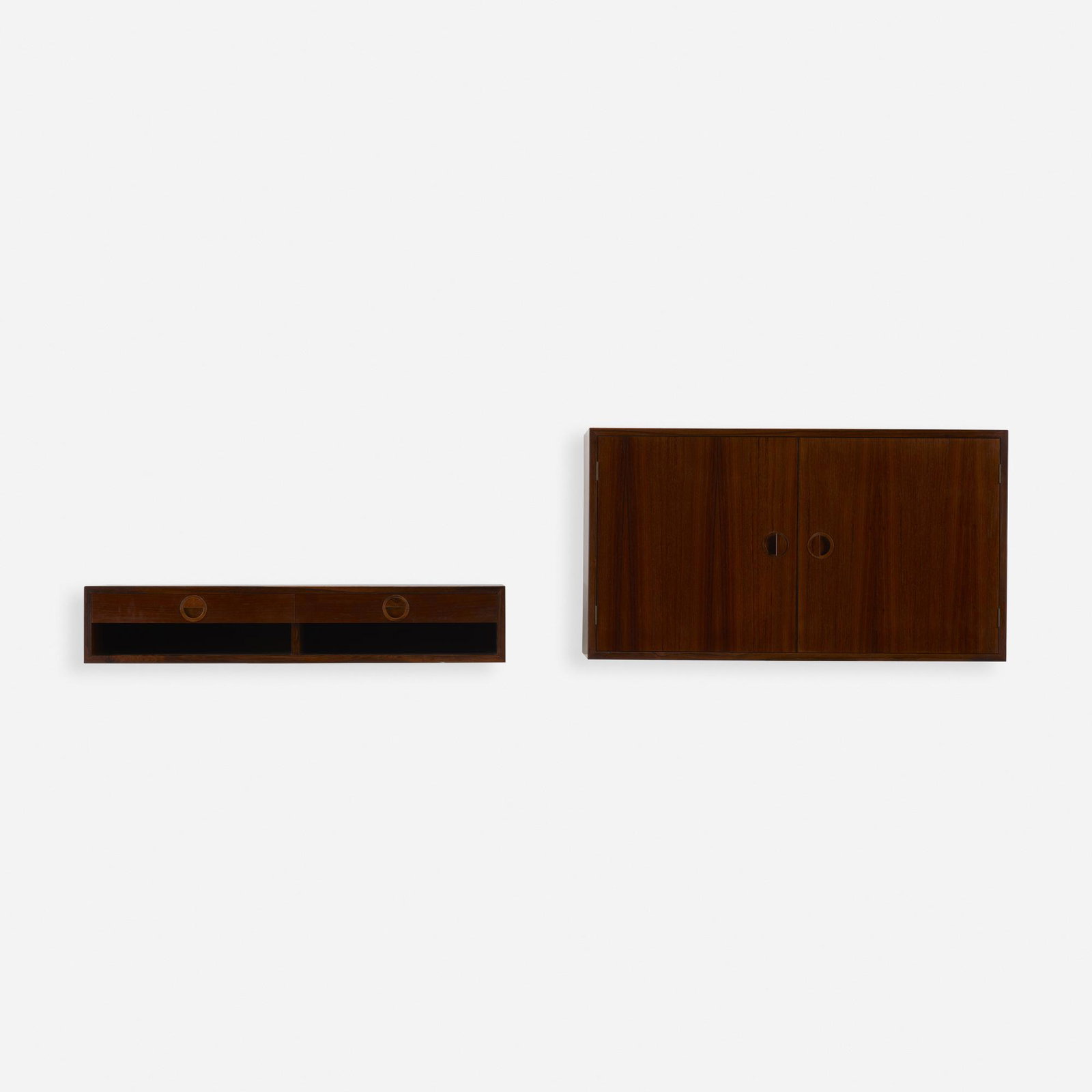 Hansen & Guldborg Furniture, wall-mounted cabinets: Hansen & Guldborg Furniture wall-mounted cabinets, models 347 and 573 Denmark, c. 1965 teak, rosewood 19.25 h × 35 w × 15.75 d in (49 × 89 × 40 cm) Additional cabinet measur
