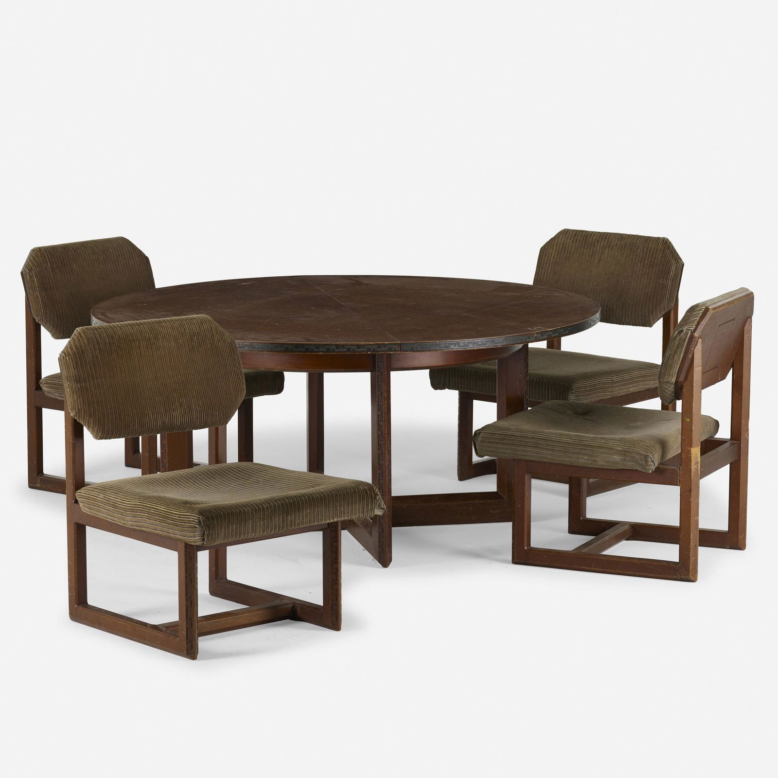 Frank Lloyd Wright, Taliesin table and chairs: Frank Lloyd Wright Taliesin game table and set of four chairs Heritage HenredonUSA, 1955mahogany, embossed copper, upholstery24 h × 54 dia in (61 × 137 cm) Chairs measure: 28 h