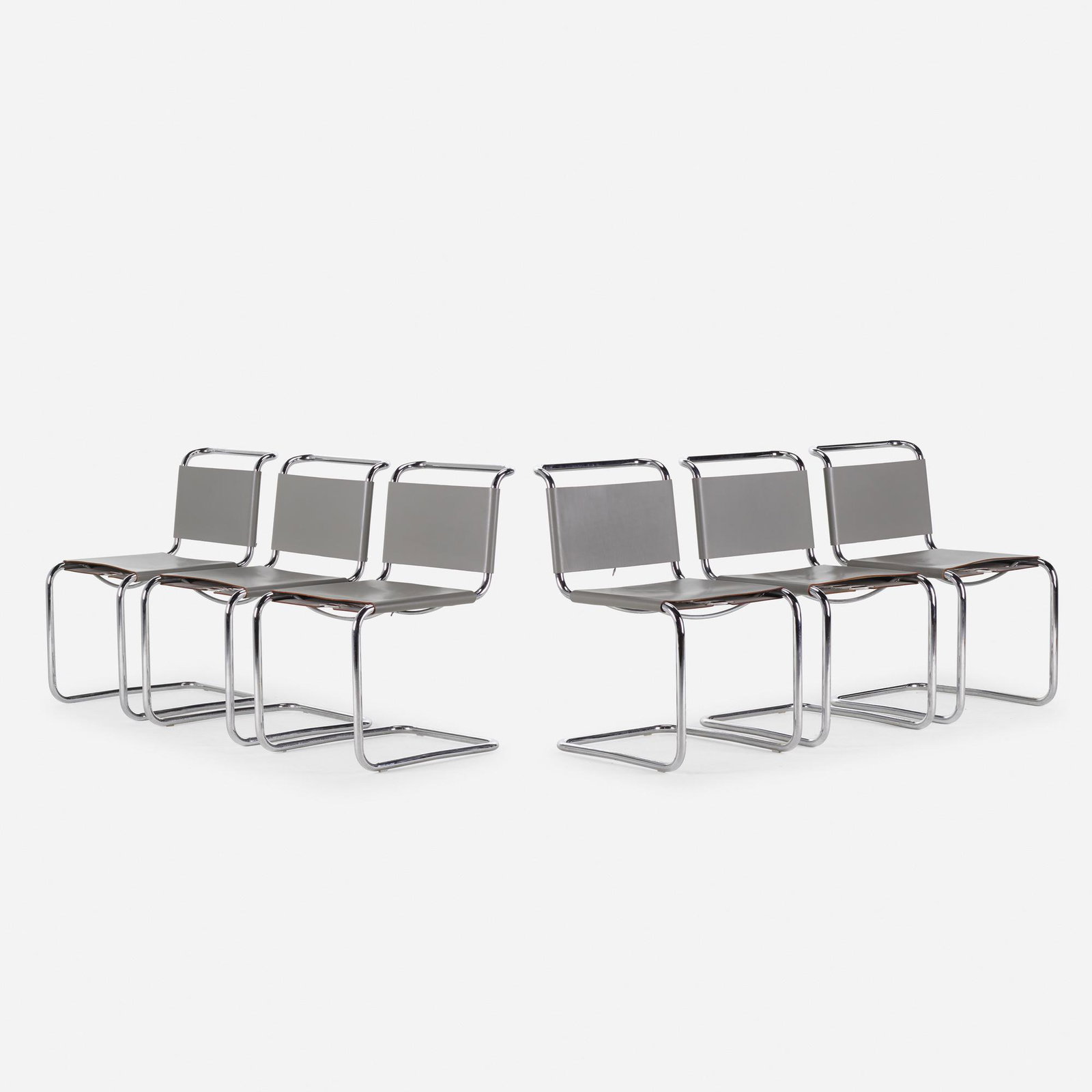 Mart Stam, chair model S-33, set of six: Mart Stam chair model S-33, set of six Thonet The Netherlands / Austria, 1929 / 21st century chrome-plated steel, stitched leather 31.5 h × 18.5 w × 22 d in (80 × 47 × 56 cm)<