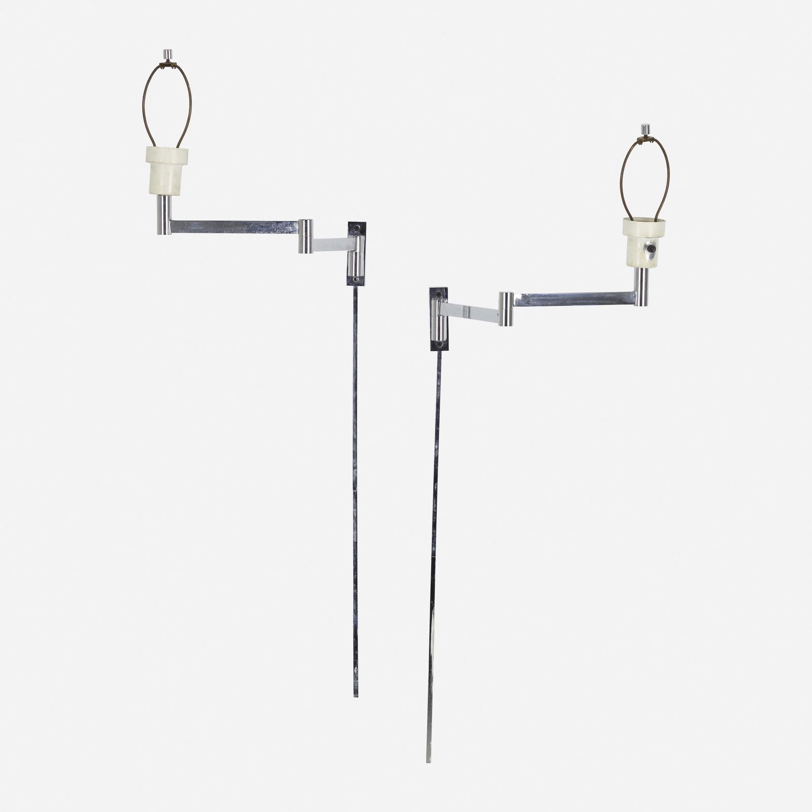 In the manner of Robert Sonneman, wall lamps: In the manner of Robert Sonneman adjustable wall lamps, pair USA, late 20th centurychrome-plated steel, enameled aluminum40 h × 1.25 w × 10.5 d in (102 × 3 × 27 cm) Fully