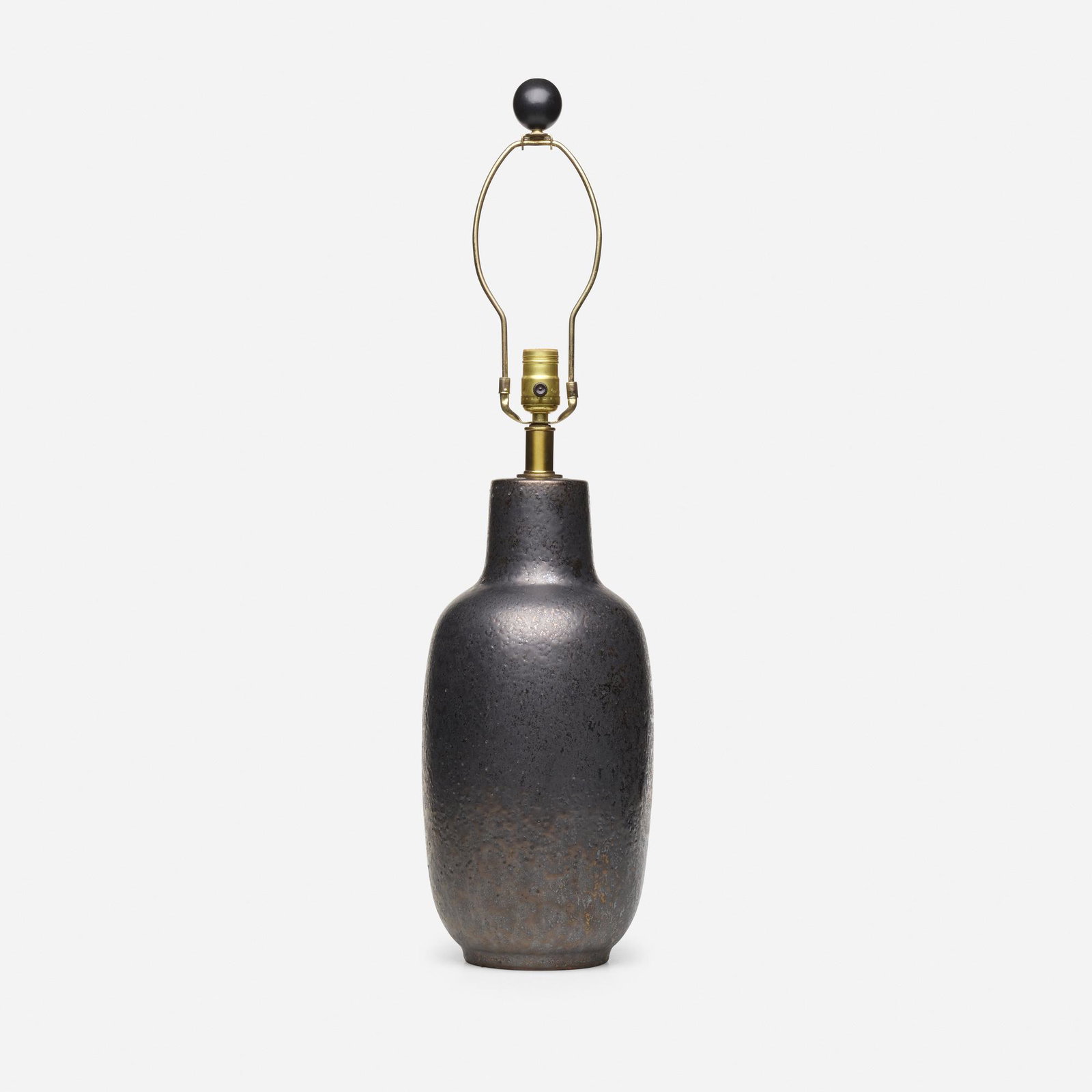 Modernist, table lamp: Modernist table lamp 20th century glazed earthenware, brass, wood 30.5 h × 8 dia in (77 × 20 cm)