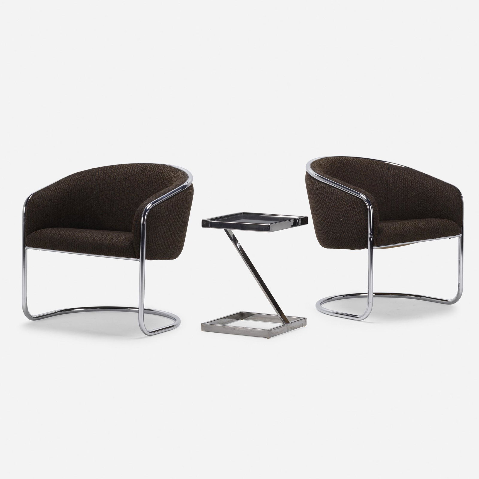 Joan Burgasser, Club Tub armchairs, pair: Joan Burgasser Club Tub armchairs, pair Thonet USA / Austria, c. 1975 upholstery, chrome-plated metal, glass 29 h × 27 w × 25.5 d in (74 × 69 × 65 cm) Sold with an occa