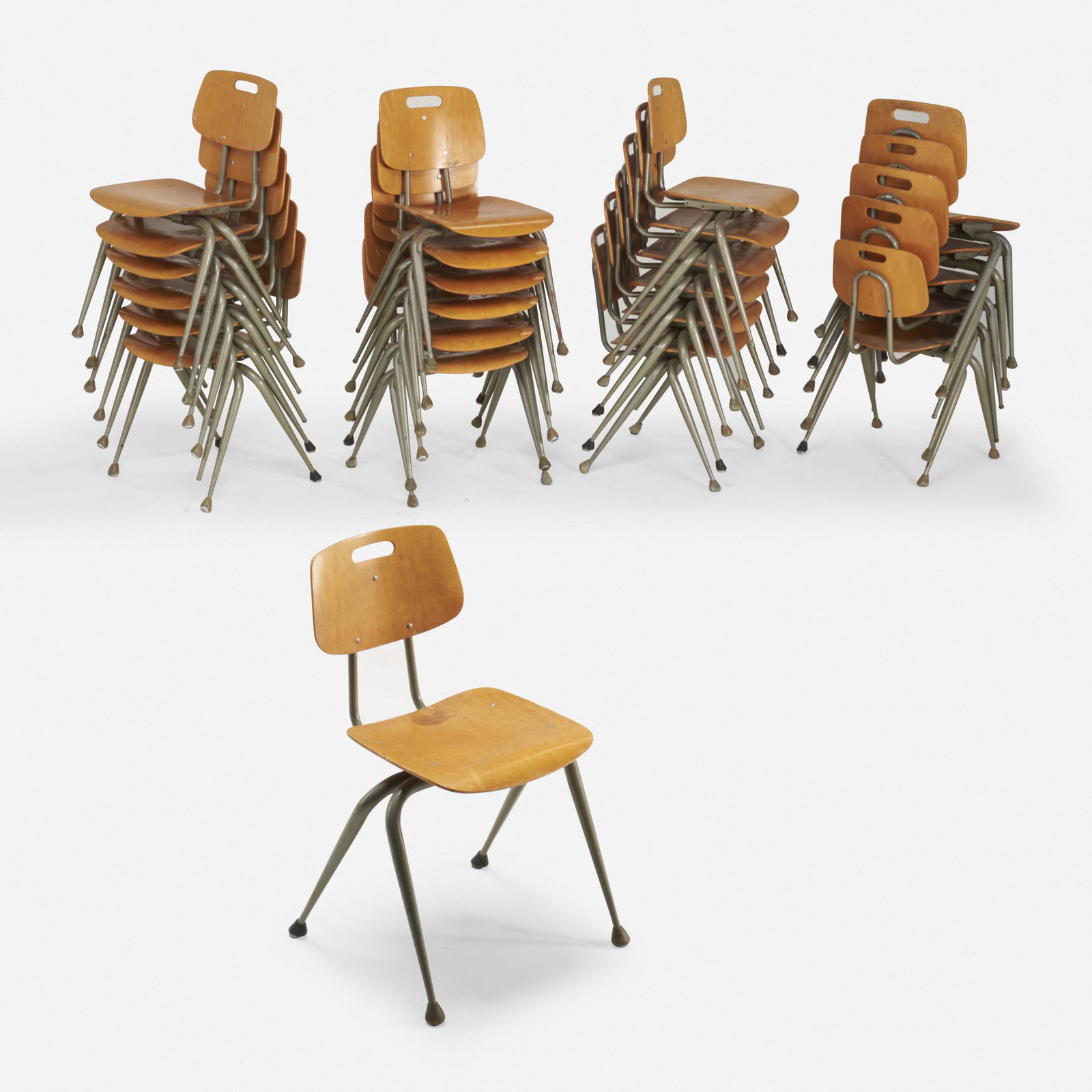Brunswick, stacking chairs, set of twenty-four: Brunswick stacking chairs, set of twenty-four USA, c. 1955 birch plywood, enameled metal, rubber 31 h × 20 w × 21 d in (79 × 51 × 53 cm) Branded manufacturer's mark to under