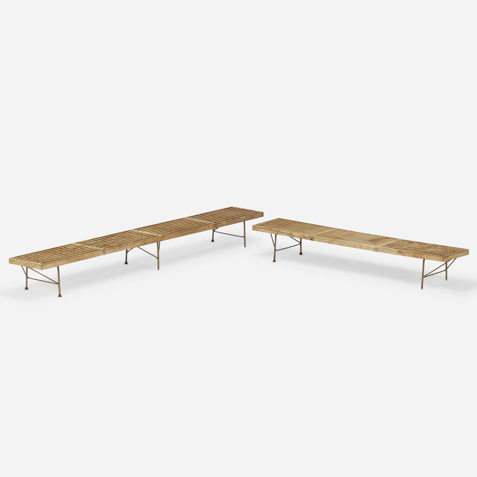 George Nelson & Associates, slat benches: George Nelson & Associates slat benches, models 4693M and 4692 Herman Miller 1945 maple, chrome-plated steel, rubber Longer bench measures: 11.25 h x 102.25 w x 15 d inches. Shorter bench measures:
