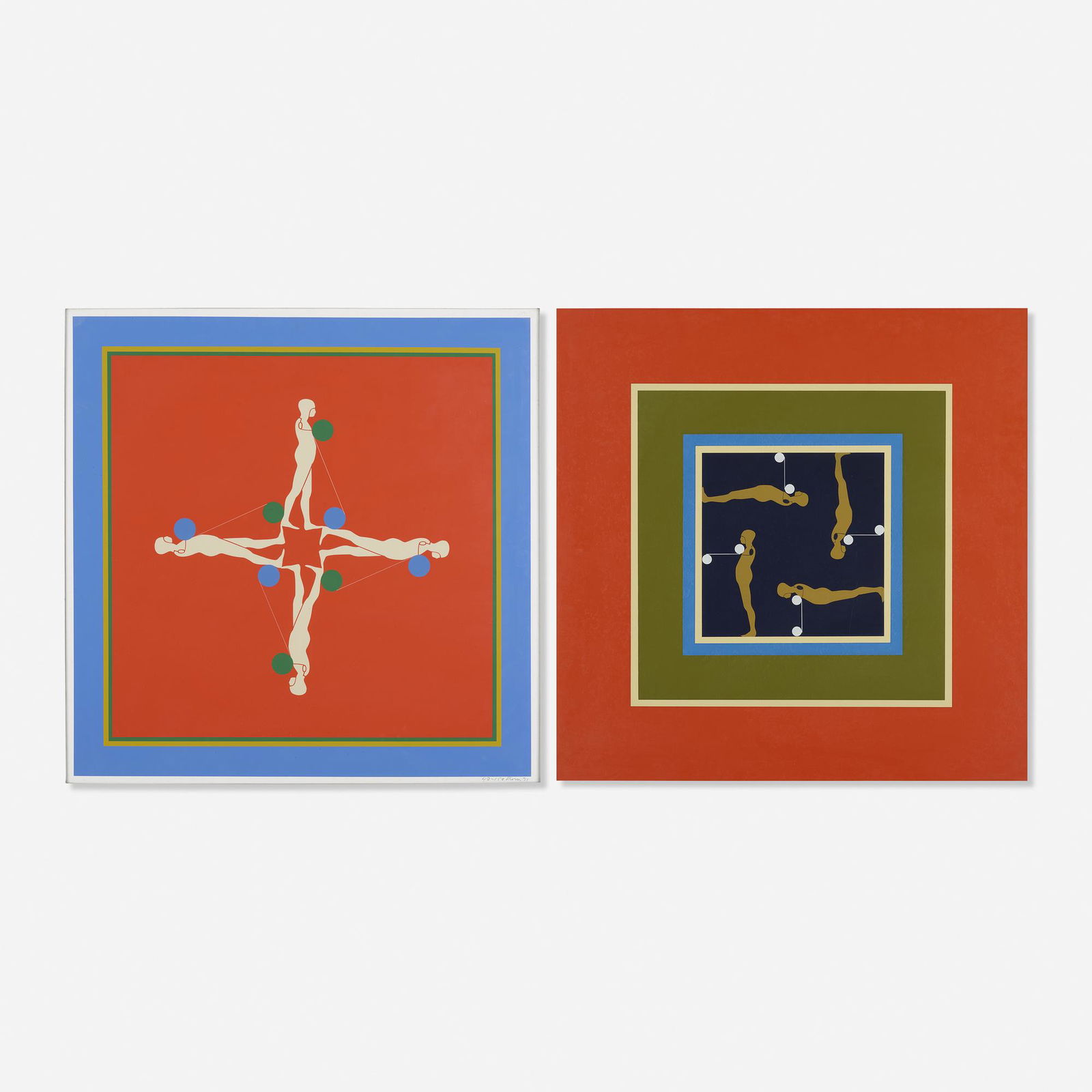 Ernest Trova, two works: Ernest Trova Study/Falling Man and Untitled (Falling Man) (two works) 1967 and 1971screenprint in colors25.75 h × 25.75 w in (65 × 65 cm) Additional work measures 24 h x 24 w inches.<