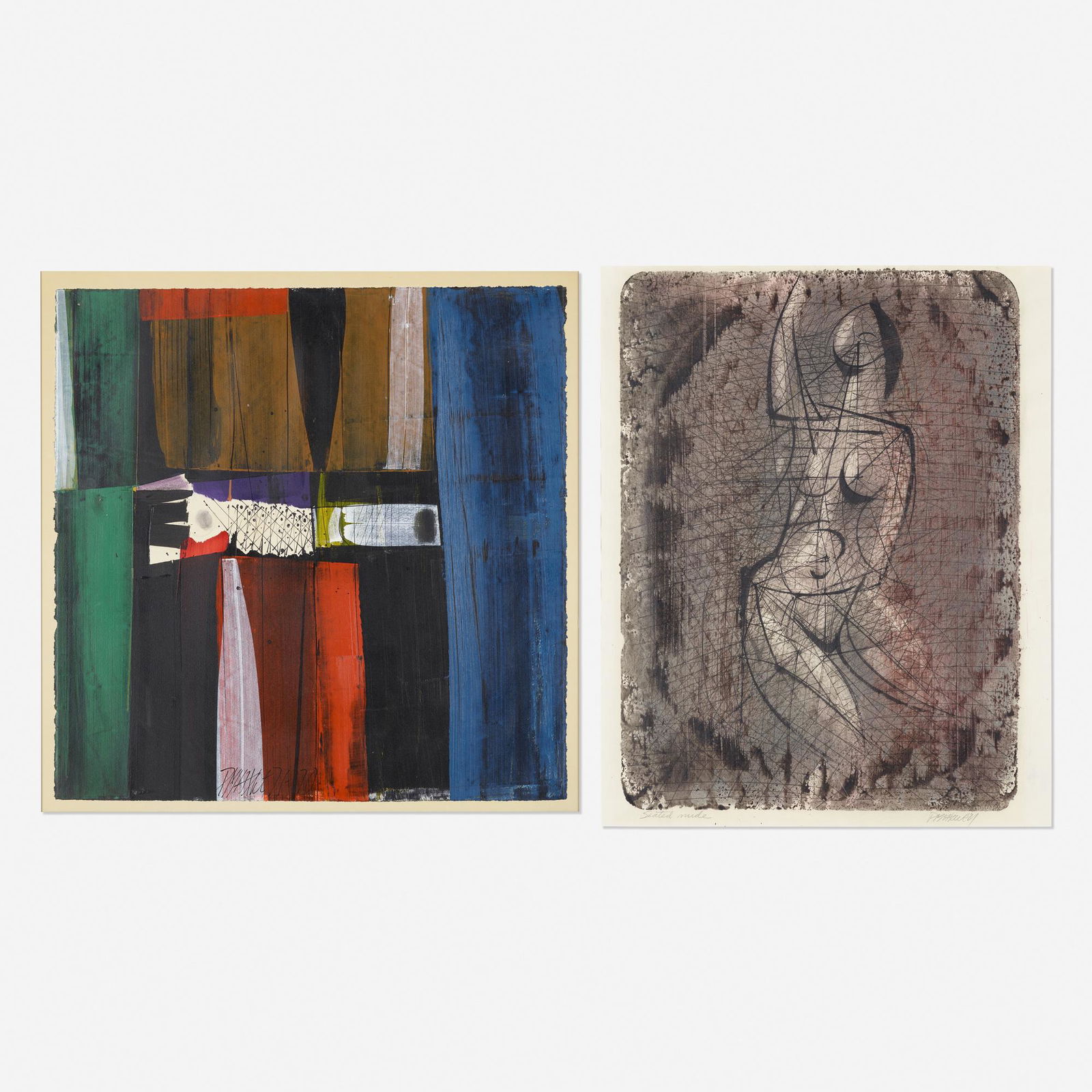 Paul Maxwell, Untitled and Seated Nude (two works): Paul Maxwell Untitled and Seated Nude (two works) c. 1970mixed media on paper22.25 h × 22.25 w in (57 × 57 cm) Additional work measures: 24.25 h x 19.5 w inches. Signed and dated