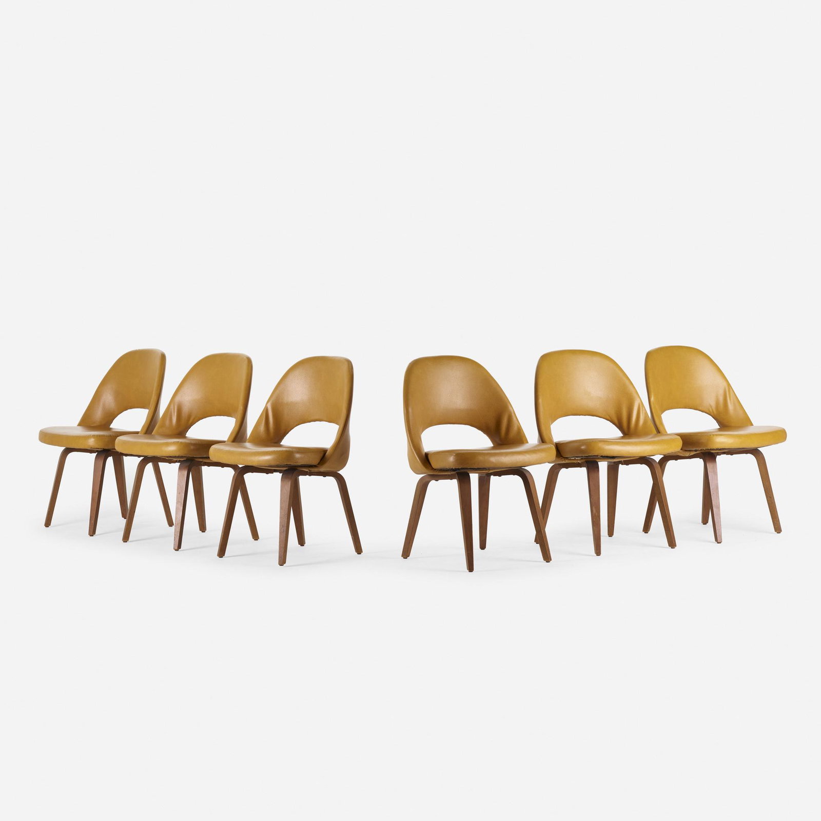 Eero Saarinen, chairs model 72, set of six: Eero Saarinen chairs model 72, set of six Knoll Associates USA, 1948 faux leather, laminated plywood 31.25 h × 22 w × 17 d in (79 × 56 × 43 cm) Decal manufacturer's lab