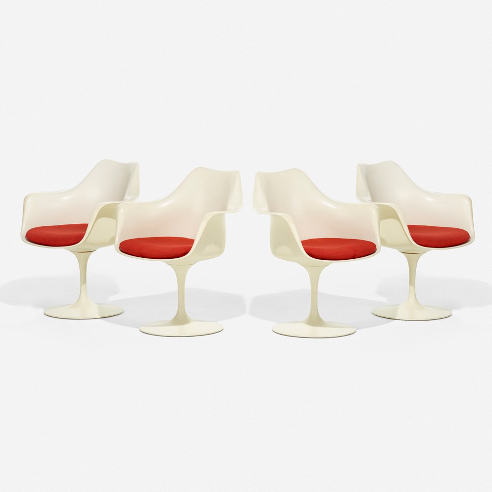 Eero Saarinen, four Tulip chairs: Eero Saarinen swivel Tulip armchairs model 150, set of four Knoll Associates/Knoll International USA, 1956 / c. 1965 molded fiberglass, enameled aluminum, upholstery 32.5 h × 25.5 w × 24 d in (83 ×