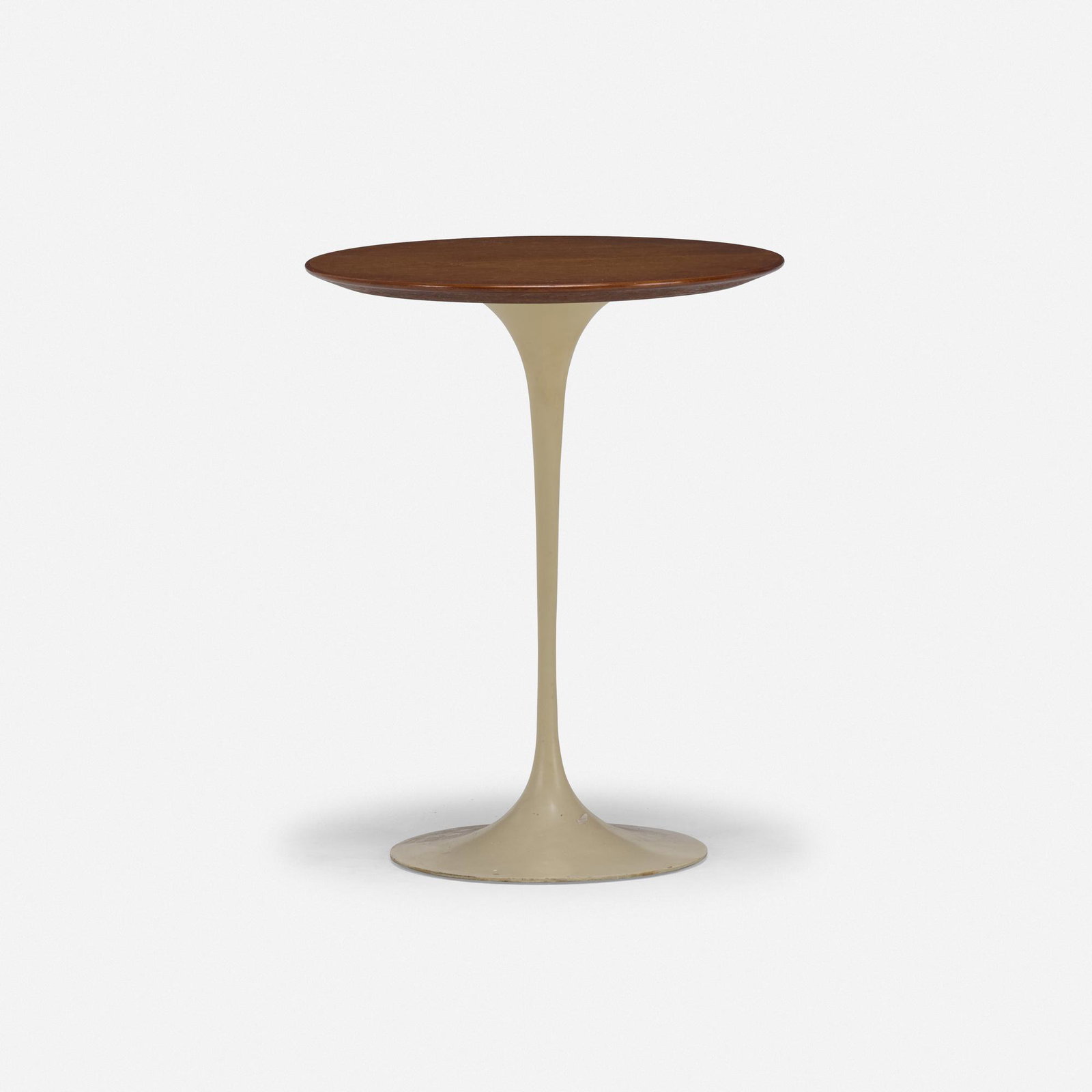 Eero Saarinen, Tulip occasional table, model 163M: Eero Saarinen Tulip occasional table, model 163M Knoll Associates USA, 1957 walnut, enameled metal 20.25 h × 16 dia in (51 × 41 cm) Decal manufacturer's label to underside of top '