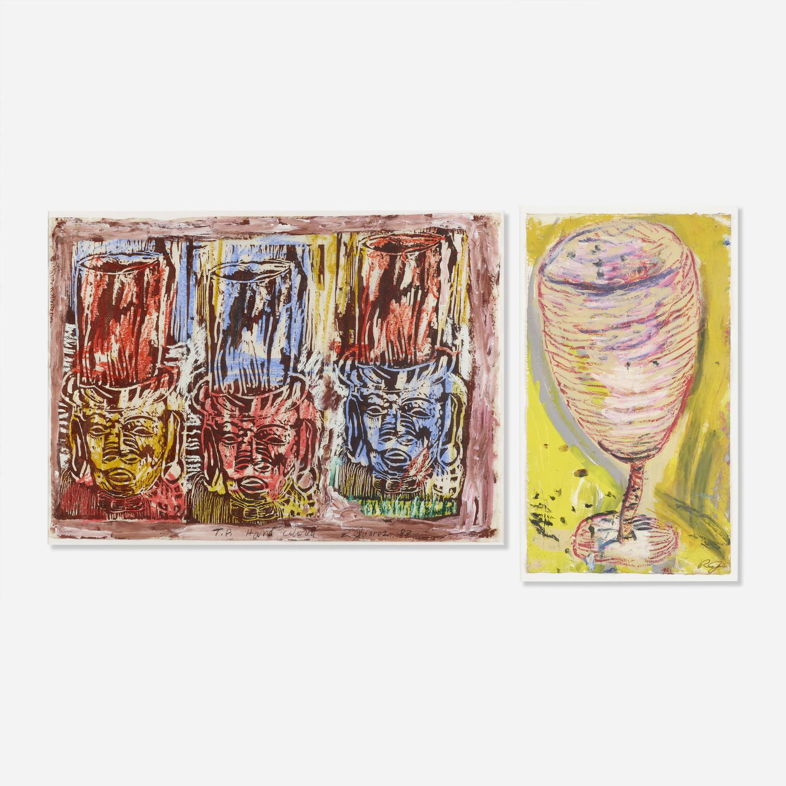 Roberto Juarez, Untitled; Vessel (two works): Roberto Juarez Untitled; Vessel (two works) 1983hand-colored woodcut, acrylic and oil pastel on paper26.5 h × 36.5 w in (67 × 93 cm) Signed to lower right edge 'R J'. Signed, dated an