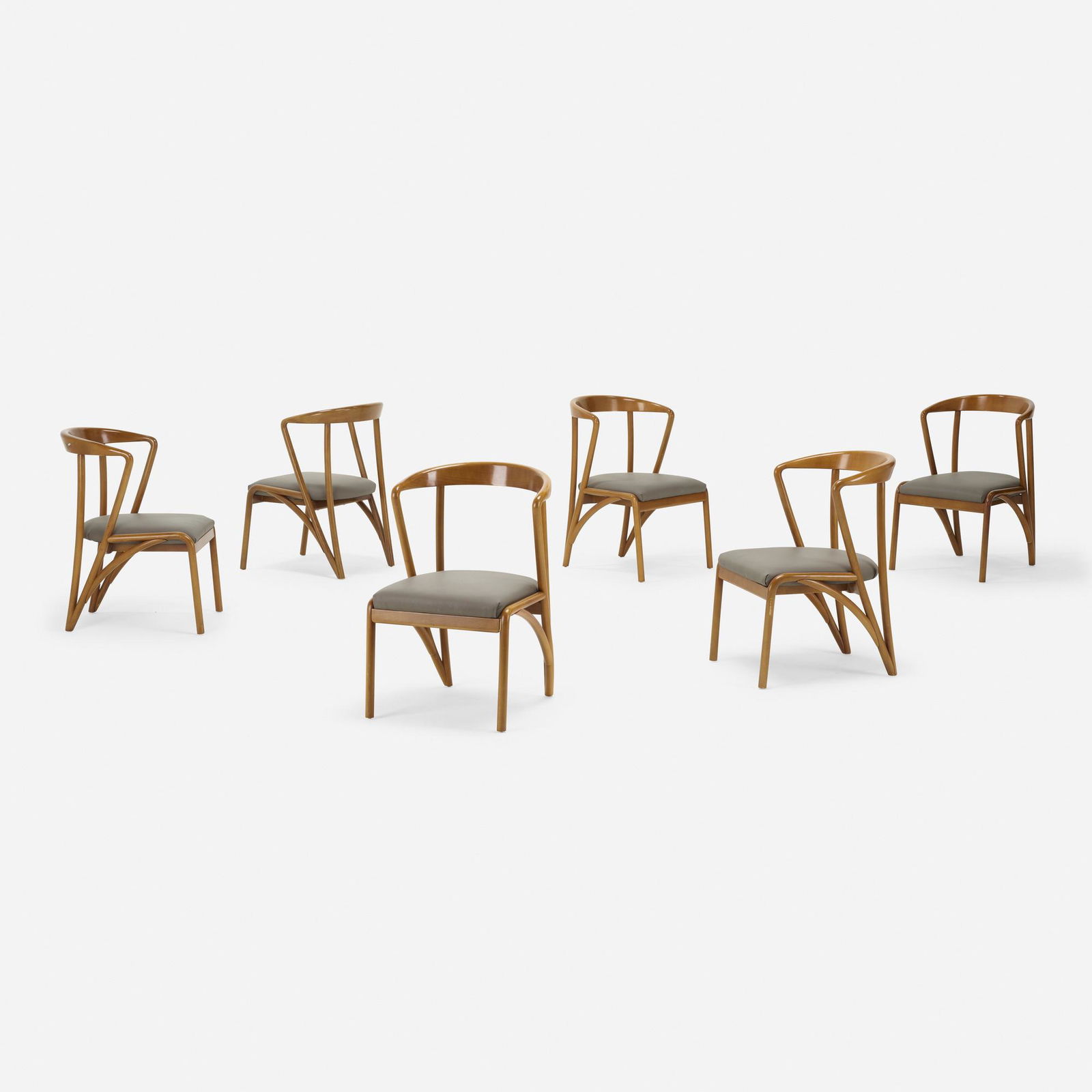 After Bertha Schaefer, dining chairs, set of six: After Bertha Schaefer dining chairs, set of six BakerUSA, 21st centurybeech, vinyl32 h × 23 w × 23 d in (81 × 58 × 58 cm) Oval metal manufacturer's label to underside of each example 'Baker