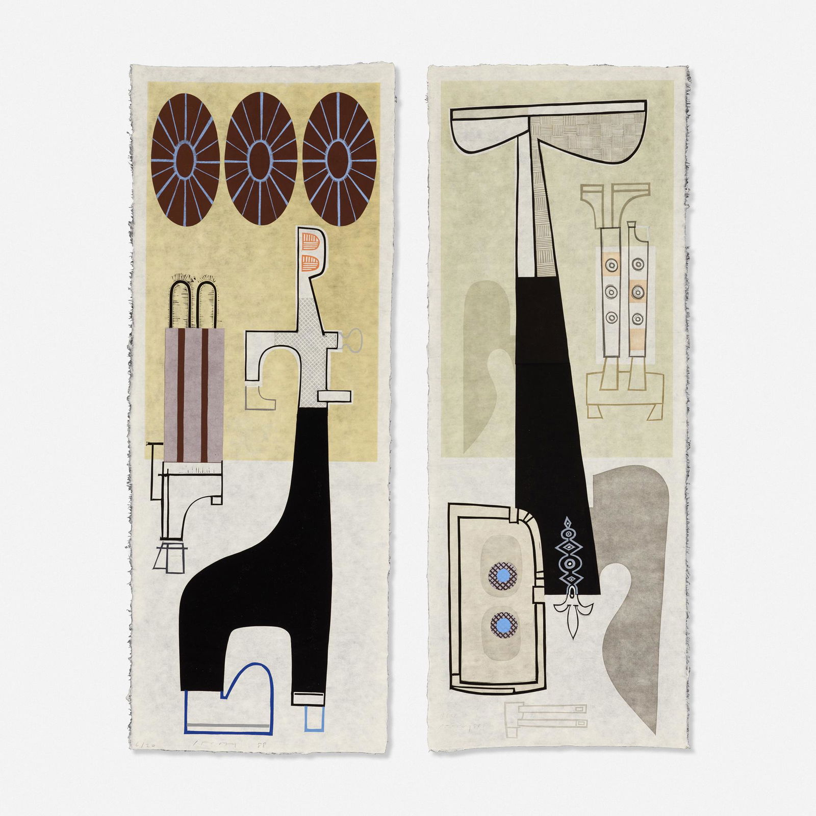 David Storey, two works: David Storey two works 1988linoleum cut on kozo paper39 h × 14.5 w in (99 × 37 cm) Signed, dated and numbered to lower edge of each work 'David Storey 88'.