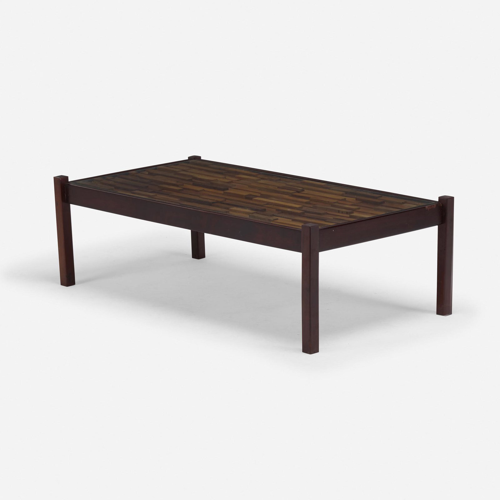 Percival Lafer, coffee table: Percival Lafer coffee table Lafer S.A. Ind. Com. Brazil, c. 1960 jacaranda, rosewood, glass 14.5 h × 46.5 w × 24.5 d in (37 × 118 × 62 cm) Stenciled mark to underside '