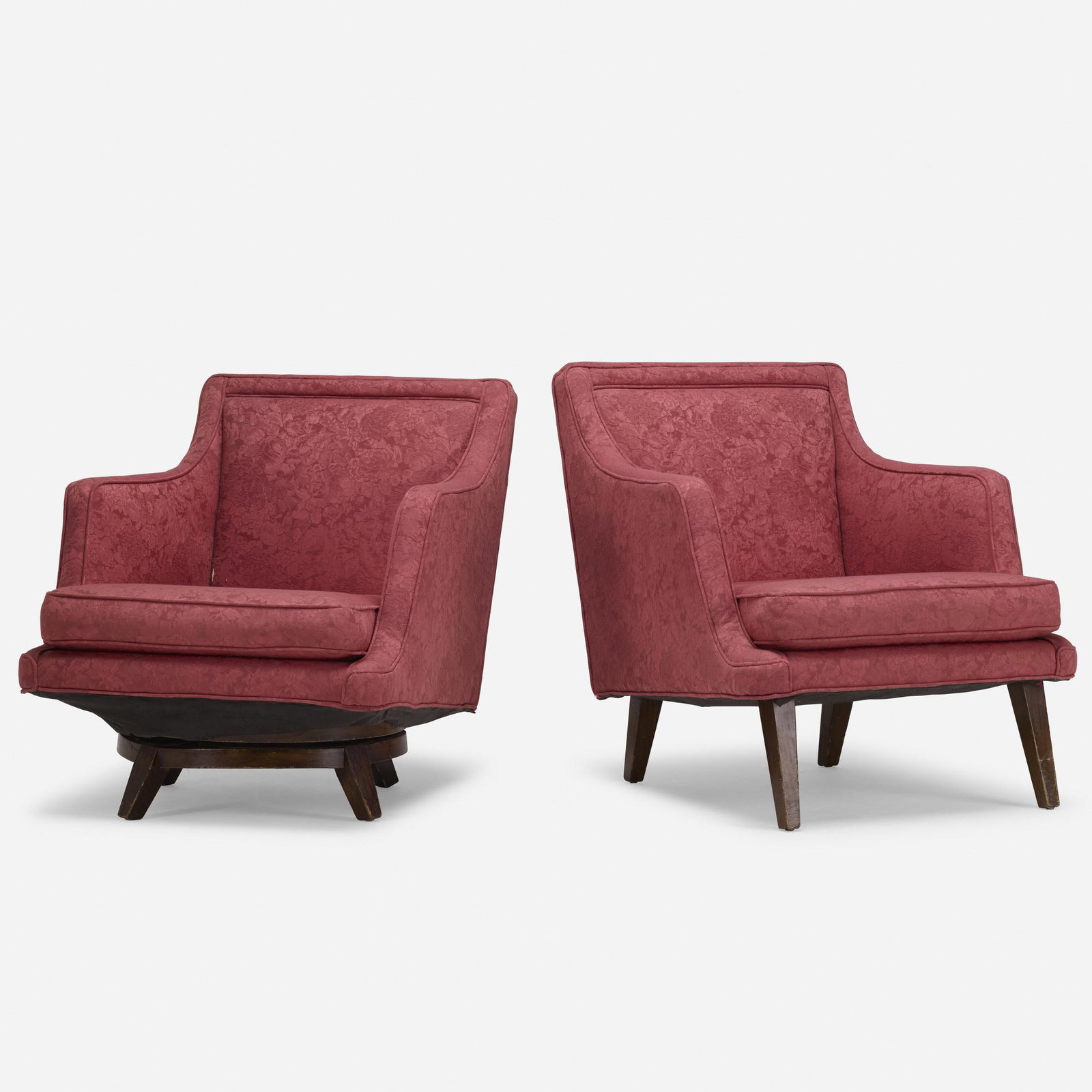 Edward Wormley, lounge chairs model 5609, set of two: Edward Wormley lounge chairs model 5609, set of two Dunbar USA, 1956 upholstery, walnut 30 h × 27 w × 27 d in (76 × 69 × 69 cm) Literature: Edward W