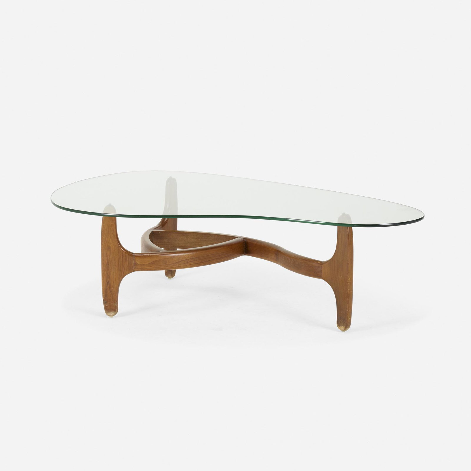 American, coffee table: American coffee table c. 1960 glass, walnut 15 h × 49.5 w × 32 d in (38 × 126 × 81 cm)