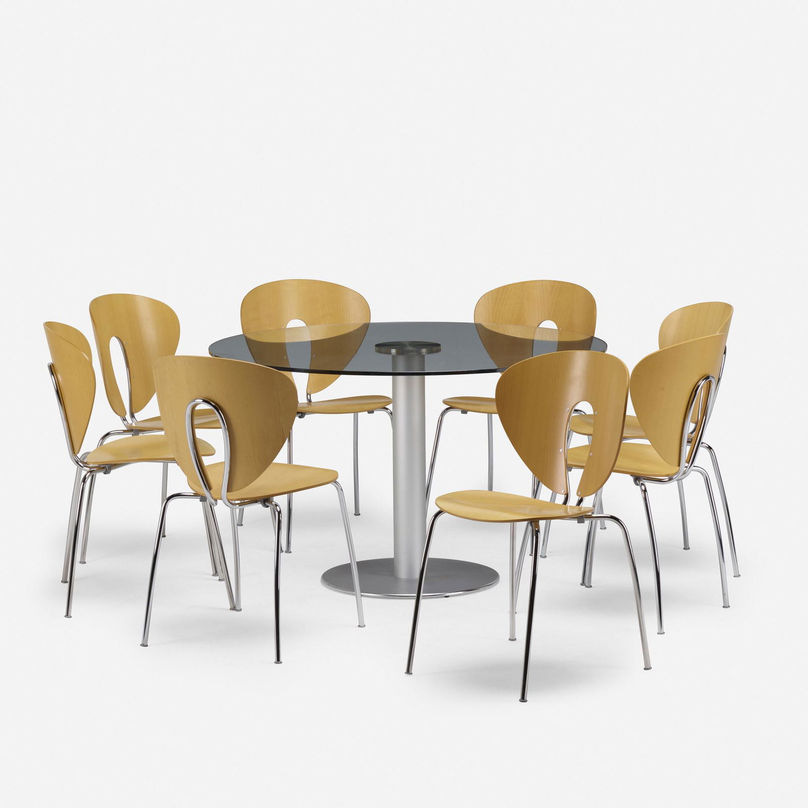 Jesus Gasca, Zero dining table and Globus stacking: Jesus Gasca Zero dining table and Globus stacking chairs, set of eight StuaSpain, c. 2015brushed steel, chrome-plated steel and iron, plywood, glass28.5 h × 45.75 dia in (72 × 116 cm)<
