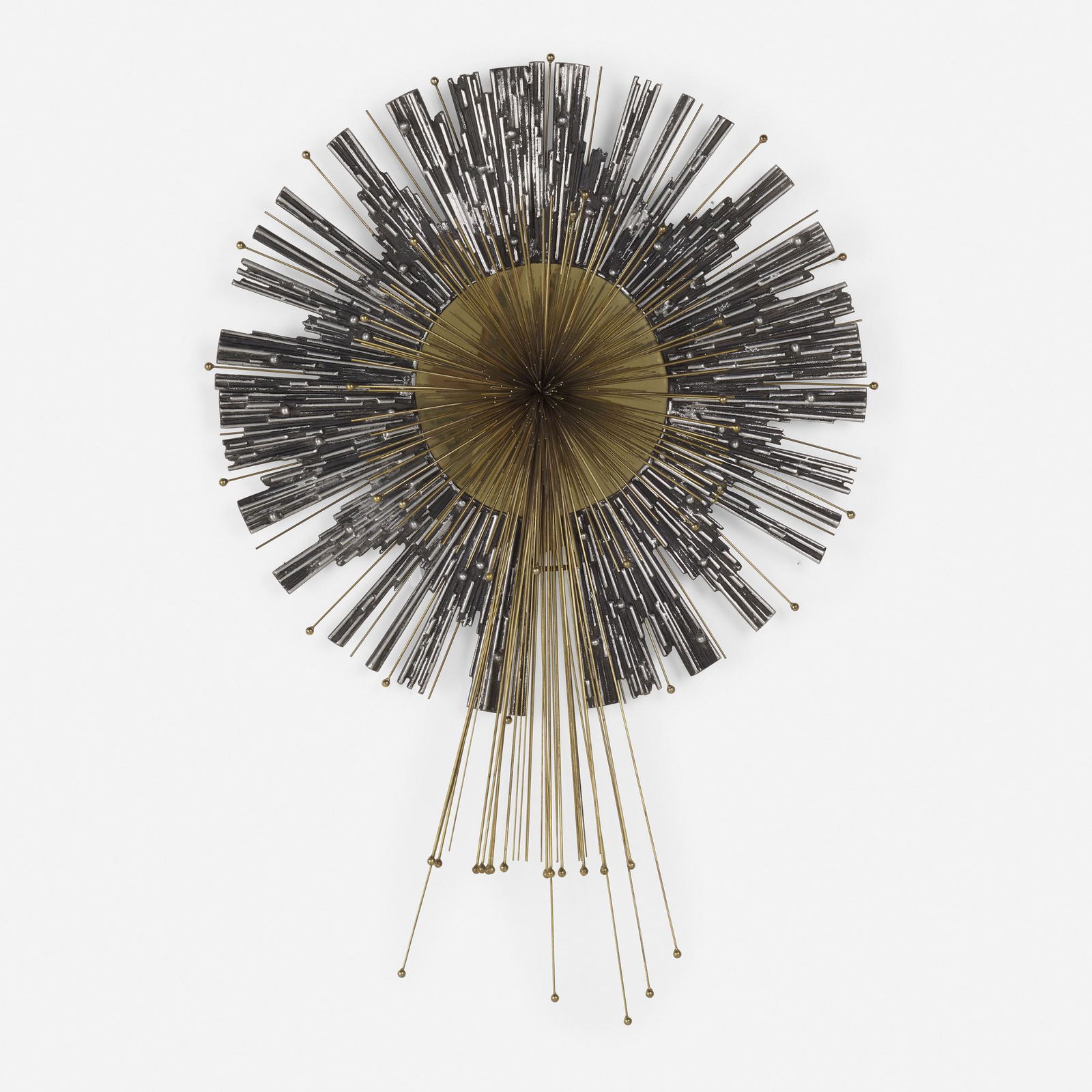 In the manner of Curtis Jere, wall sculpture: In the manner of Curtis Jere wall sculpture USA, c. 1975cast steel, brass12 d × 58 dia in (30 × 147 cm)