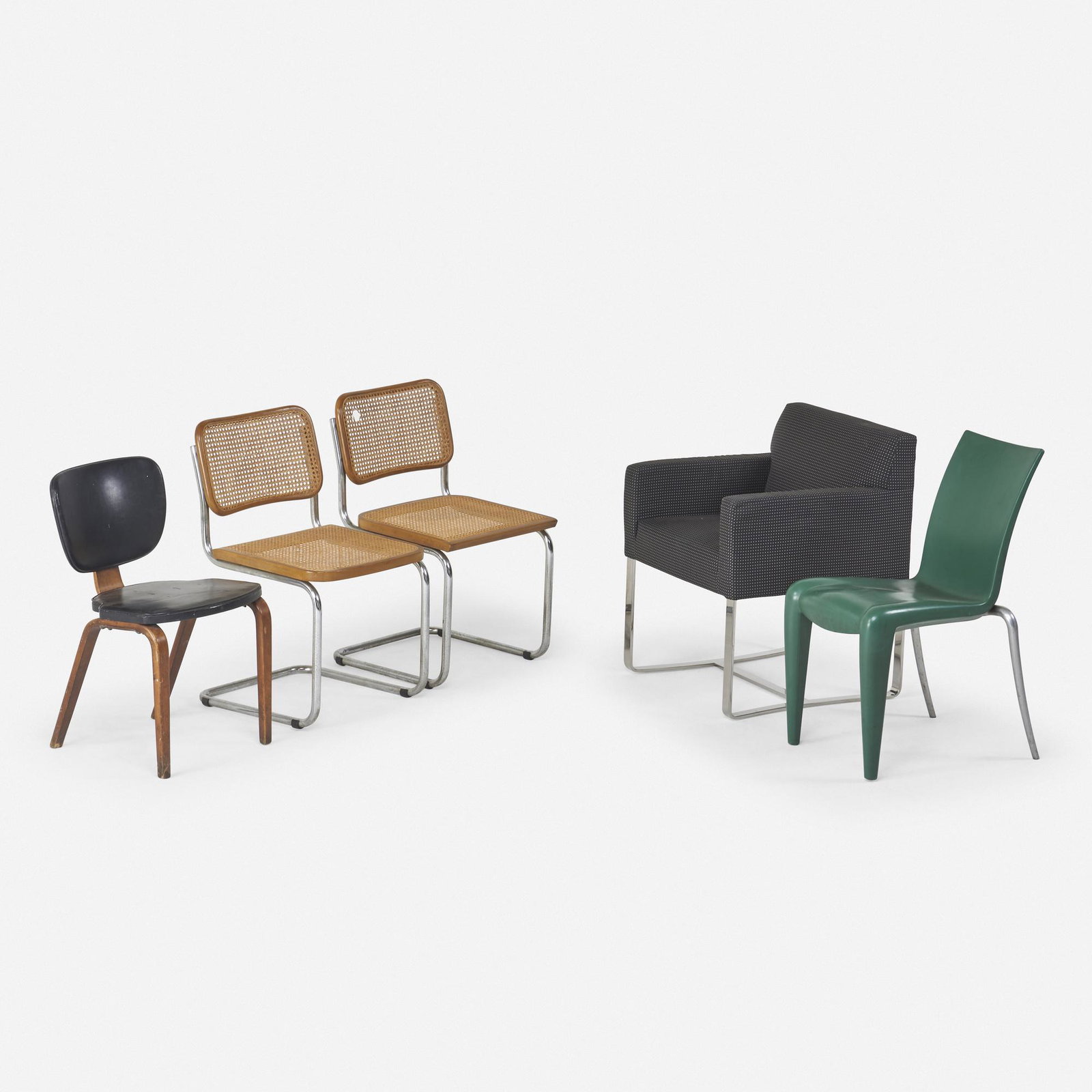 Modern, collection of five chairs: Modern collection of five chairs 1960-1990polished aluminum, beech, upholstery, chrome-plated steel, cane, vinyl, polyurethane resin33 h × 18 w × 24 d in (84 × 46 × 61 cm)