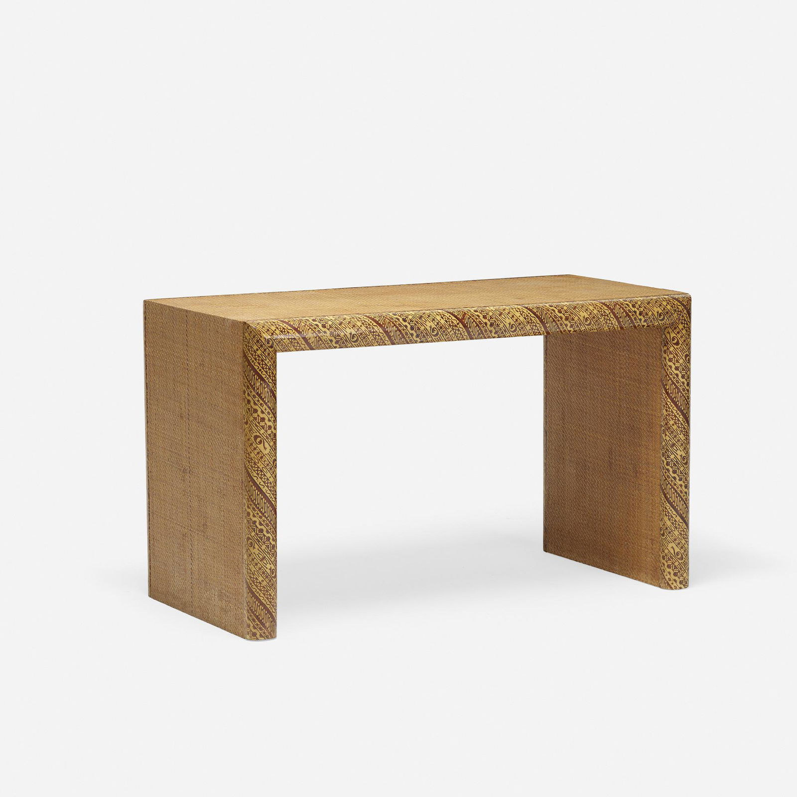 Maitland-Smith, console table: Maitland-Smith console table USA, c. 1985lacquered batik dyed fabric over wood, wicker29 h × 48.5 w × 24.5 d in (74 × 123 × 62 cm)