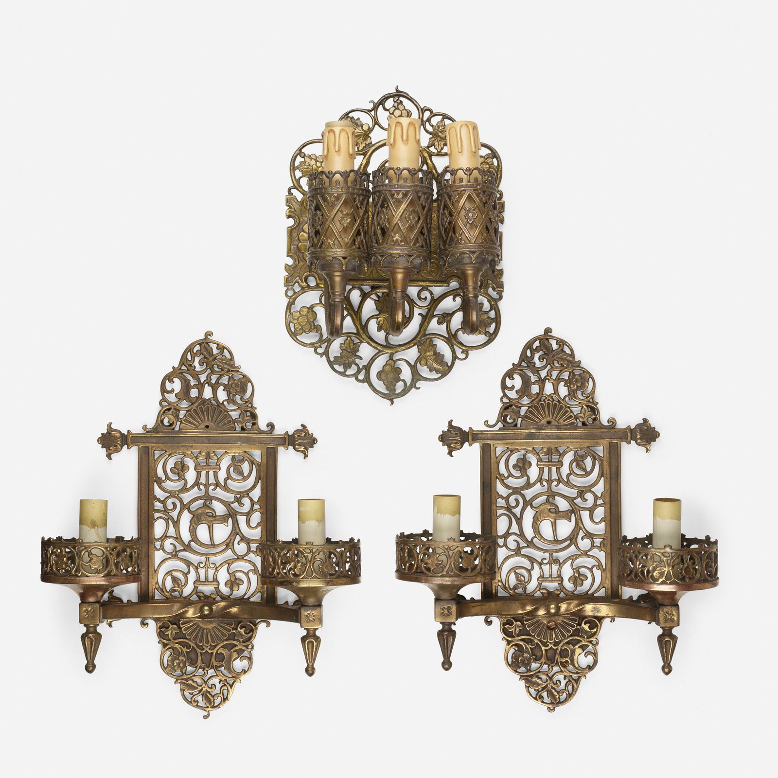 Oscar Bach, sconces, set of three: Oscar Bach sconces, set of three USA, c. 1925 bronze, brass, cardboard 14 h × 9.5 w × 6.5 d in (36 × 24 × 17 cm) Pair of sconces measure: 17 h x 14 w x 5 d inches. Impressed