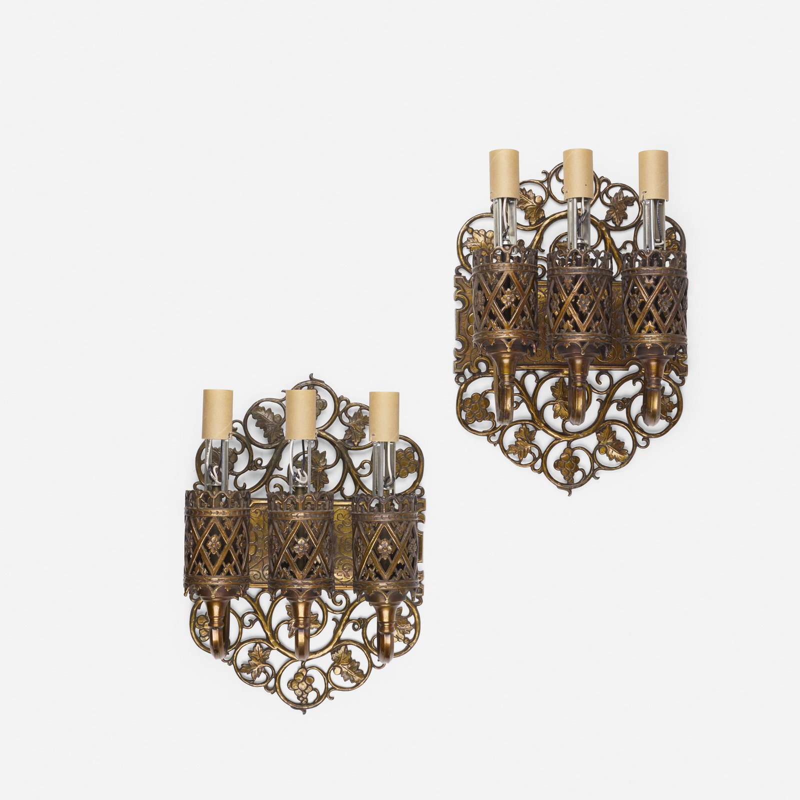 Oscar Bach, sconces, pair: Oscar Bach sconces, pair USA, c. 1925 patinated bronze 14 h × 9.5 w × 6.5 d in (36 × 24 × 17 cm) Metal manufacturer's label to reverse of each example 'Oscar Bach'.