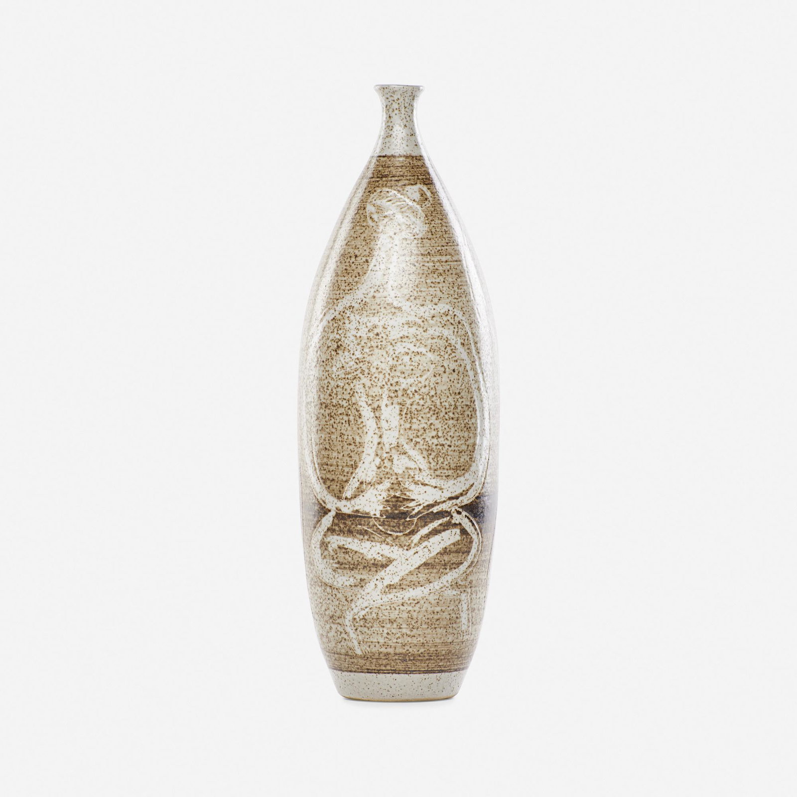 Aaron Bohrod and Carlton Ball, vase: Aaron Bohrod and Carlton Ball vase USA, c. 1950glazed and incised earthenware16 h × 5 dia in (41 × 13 cm) Incised signature to underside 'A Bohrod C. Ball'.