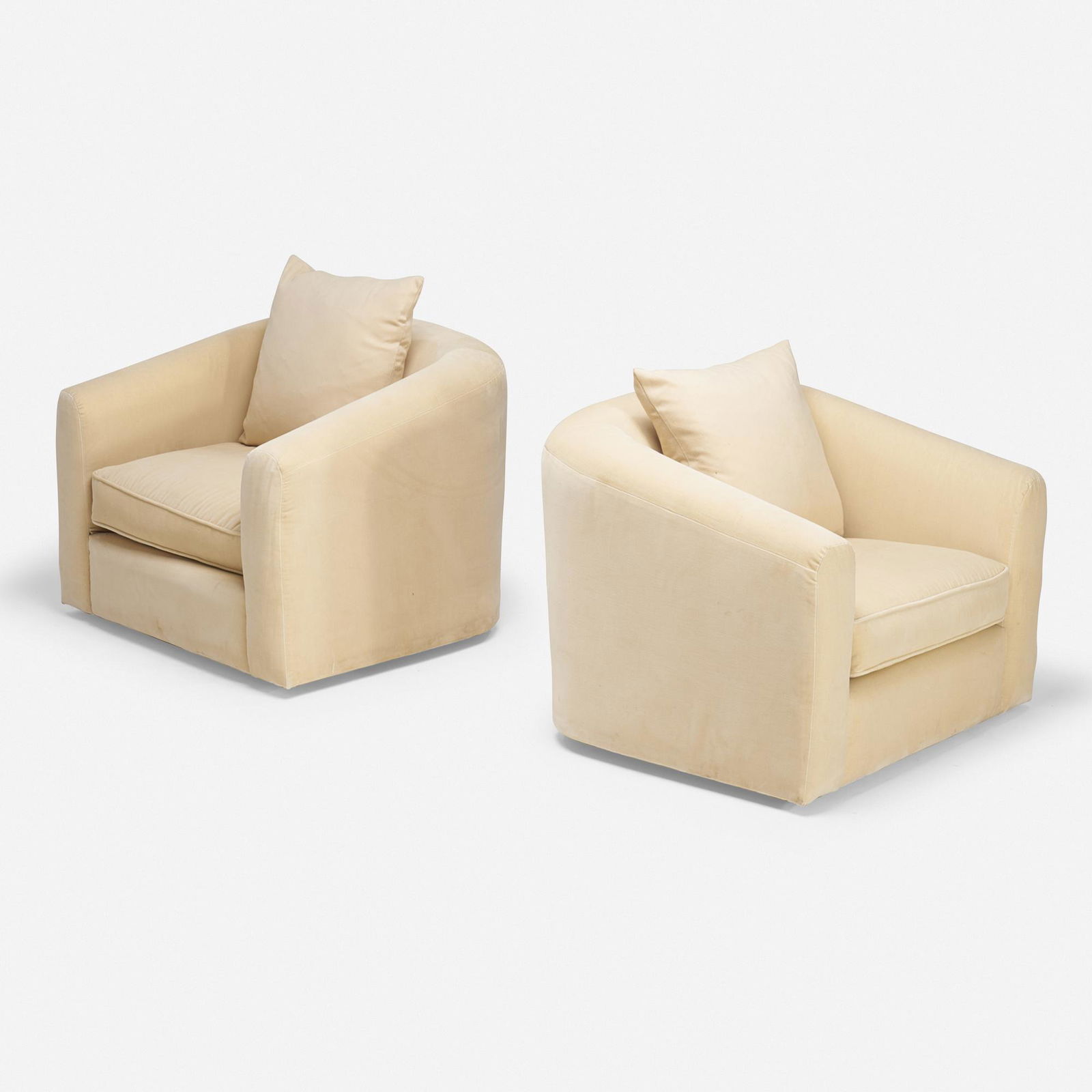 Brueton, lounge chairs, pair: Brueton lounge chairs, pair USA, c. 1985mohair upholstery, casters33 h × 36 w × 35 d in (84 × 91 × 89 cm)