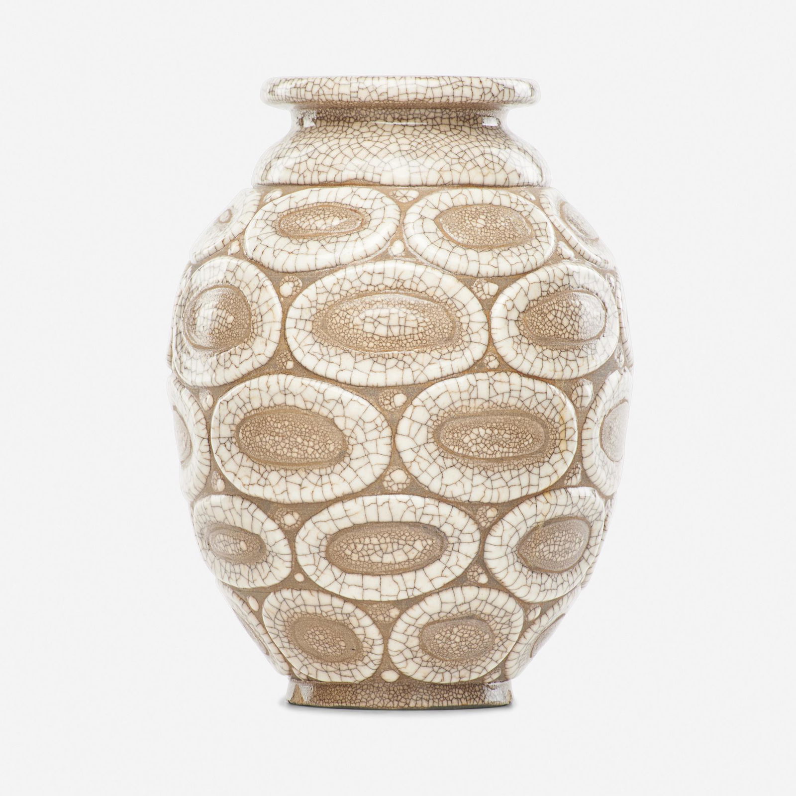 Rene Buthaud, vase: Rene Buthaud vase France, c. 1940peau-de-serpent (snakeskin) glazed earthenware10 h × 6.75 dia in (25 × 17 cm) Buthaud was under contract with a Parisian gallery and therefore signed