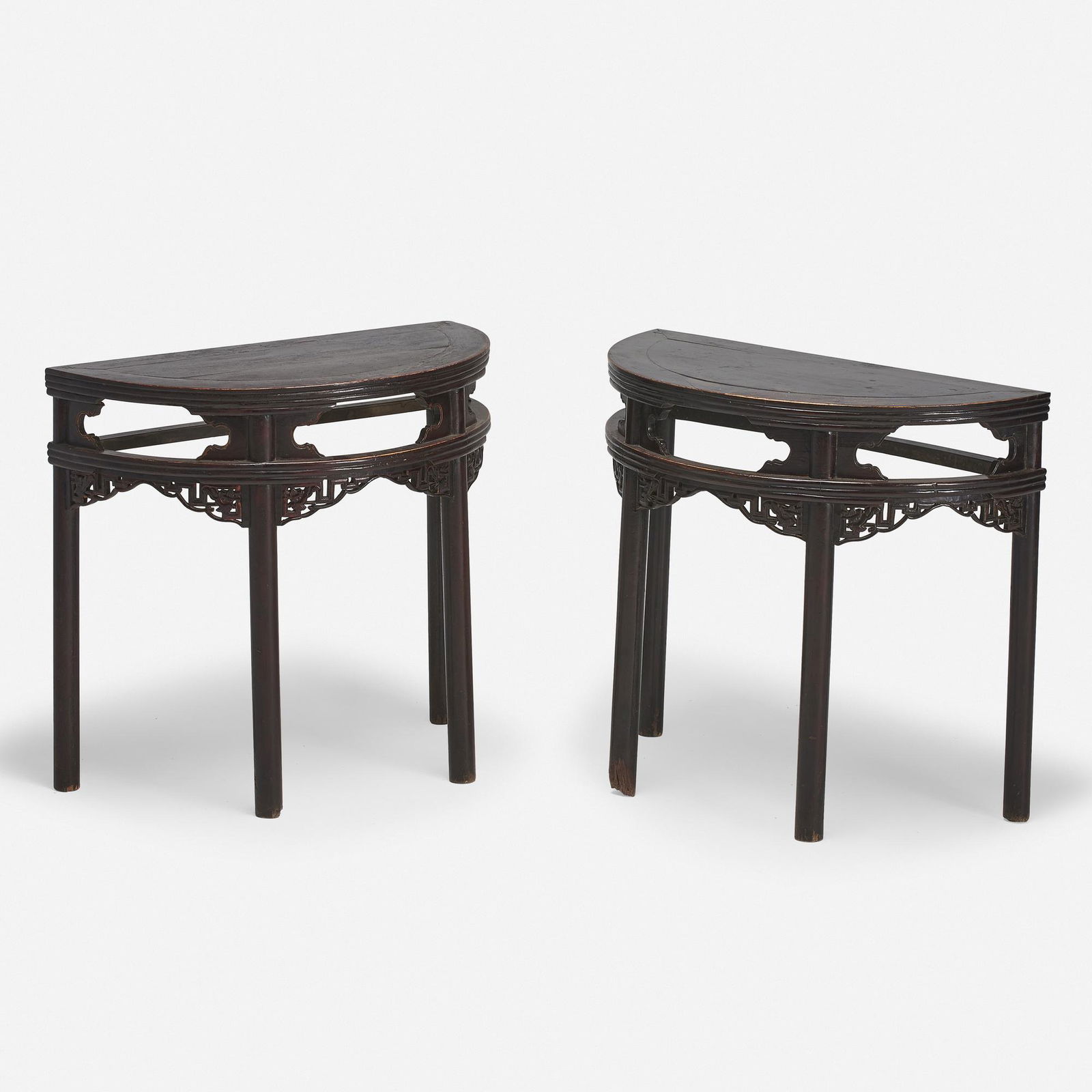 Chinese, demilune console tables, pair: Chinese demilune console tables, pair 19th centurylacquered wood34 h × 37.5 w × 18.5 d in (86 × 95 × 47 cm)
