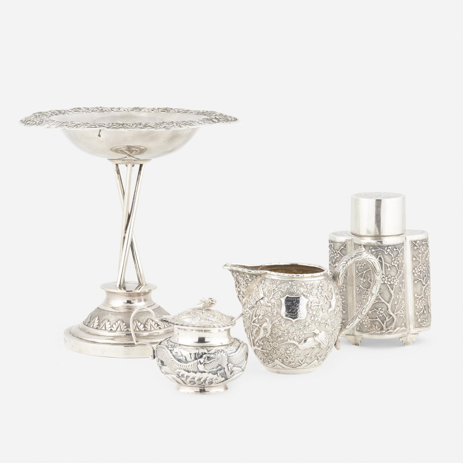 Chinese Export, collection of silver: Chinese Export collection of silver late 19th century silver 8 h × 7.5 dia in (20 × 19 cm) Lot is comprised of tea caddy and cream jug by Wang Hing, a mustard pot with spoon with idiogr