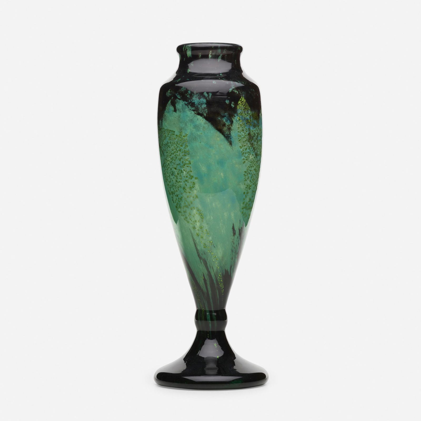 Daum, Art Deco vase: Daum Art Deco vase France, c. 1925blown glass, foil inclusions17.5 h × 6 dia in (44 × 15 cm) Incised signature to top of base 'Daum Nancy' with Croix de Lorraine.