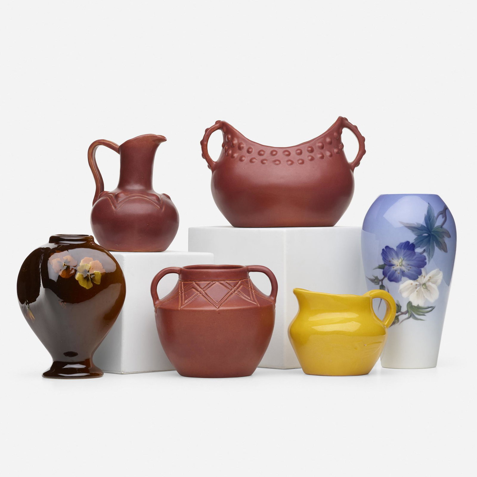 Early 20th Century, vessels, collection of six: Early 20th Century vessels, collection of six glazed earthenware and porcelain 7.5 h × 4 dia in (19 × 10 cm) Four examples from the Sequoyah School Pottery sold with Royal Copenhagen vase 