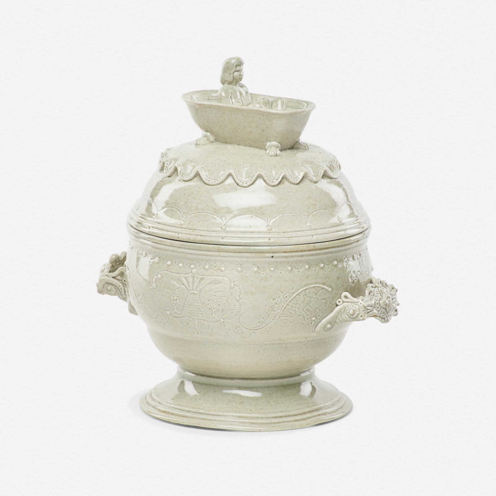 Jack Earl, Untitled lidded vessel (bathing woman): Jack Earl Untitled lidded vessel (bathing woman) USA, 1969 glazed porcelain 10 h × 9 w × 7 d in (25 × 23 × 18 cm) Paper exhibition label to interior 'The Akron Art Institute