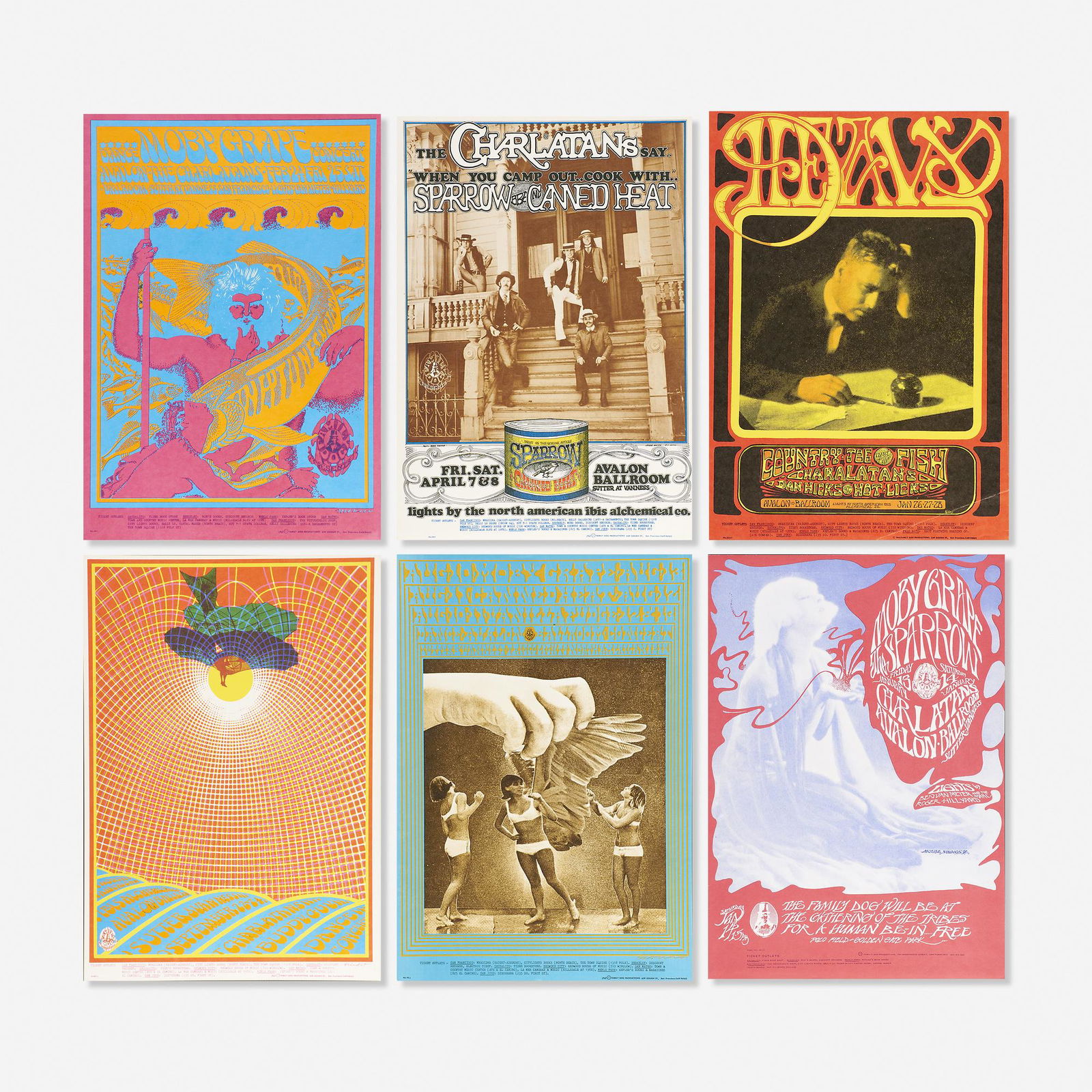Family Dog Productions, psychedelic concert posters: Family Dog Productions psychedelic concert posters, collection of six USA Rick Griffin, Canned Heat. Measures 20 h x 14 w inches. Stanley Mouse/Alton Kelley, Moby Grape. Measures 20 h x 14 w inches.